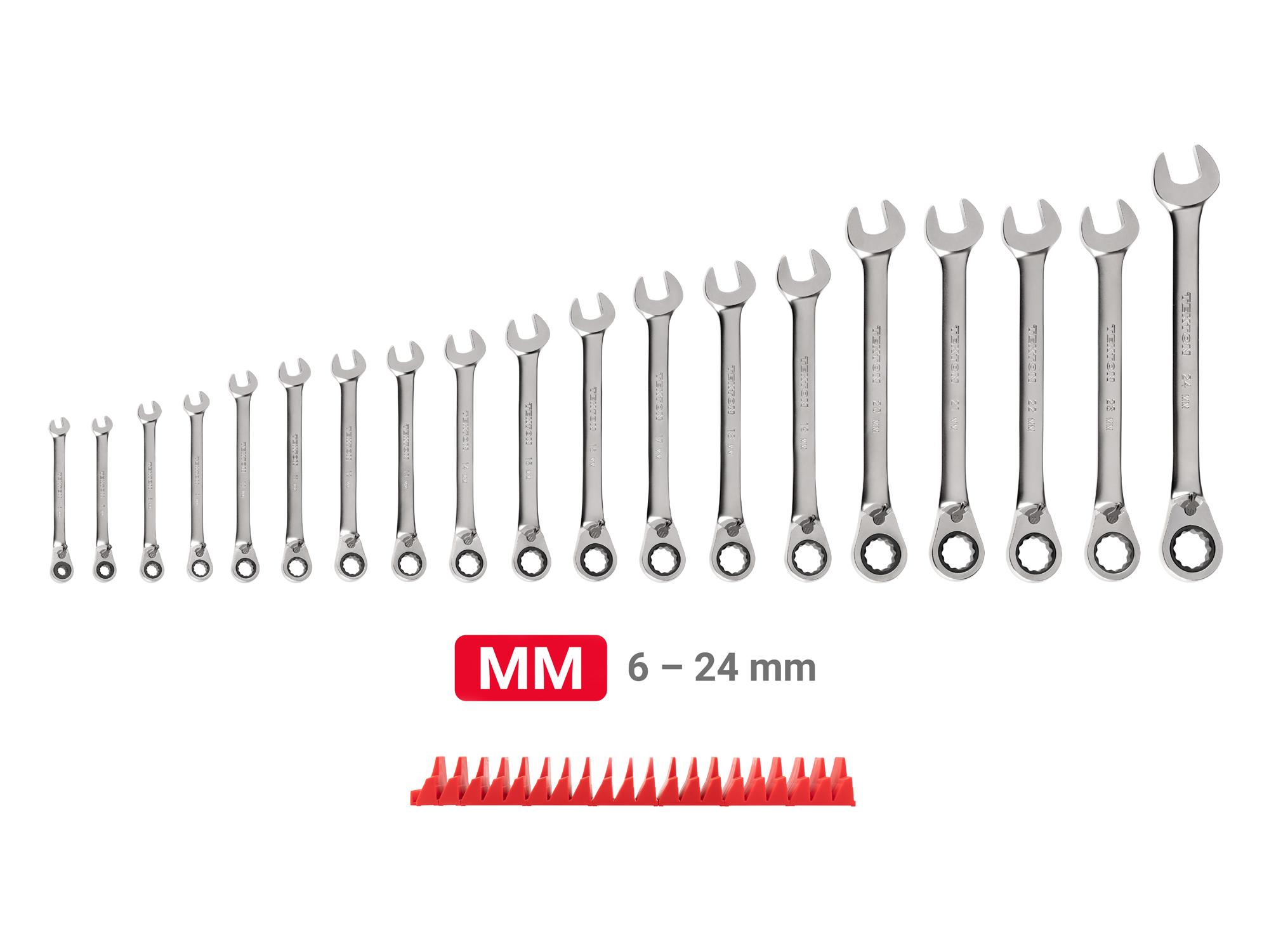 Laid out contents of Tekton modular ratcheting combination wrench set. Item #WRC94303