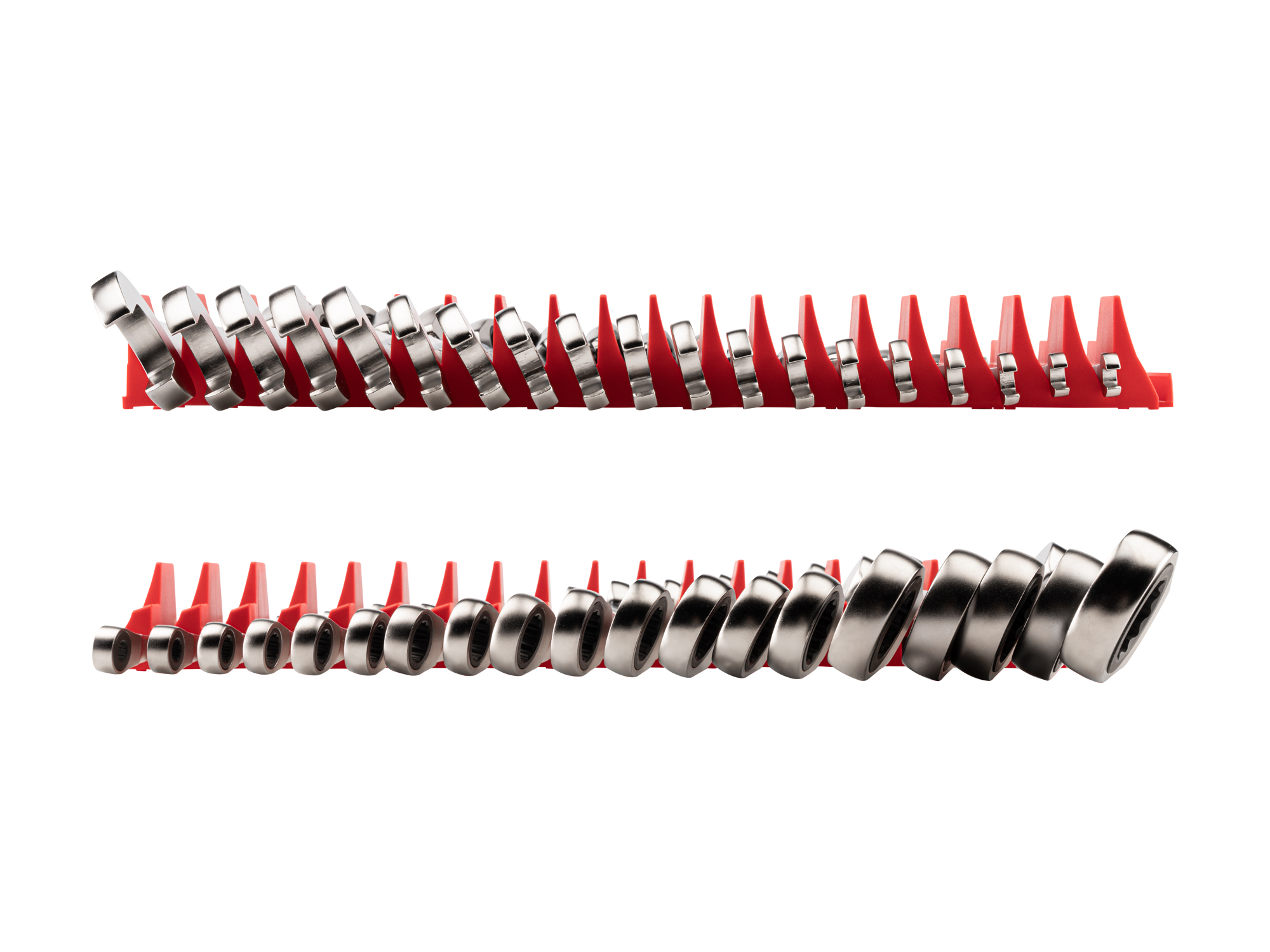 Left and right views of 19-piece metric ratcheting combination wrench set in a red modular