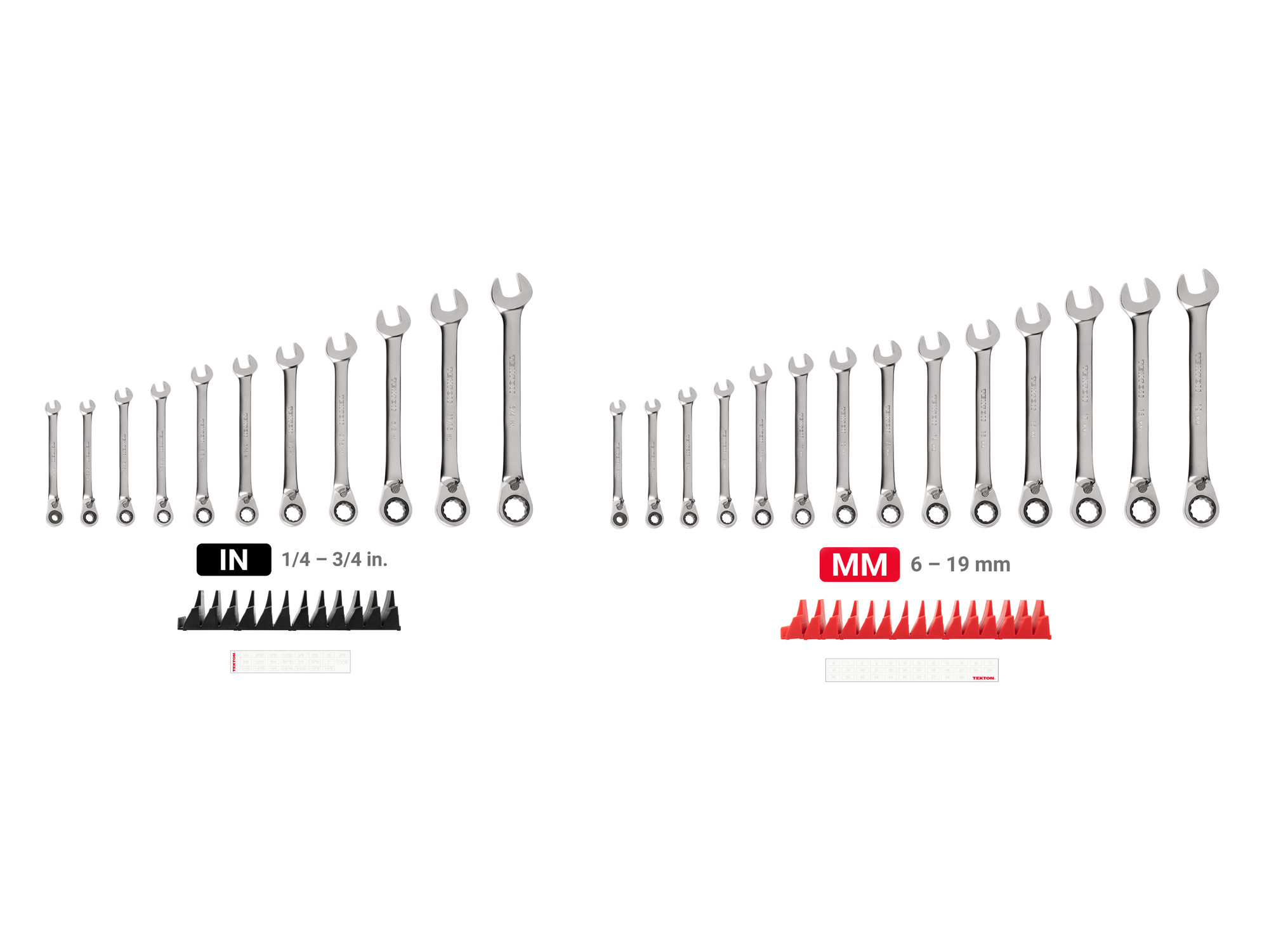 Set includes 1/4 - 3/4 inch (SAE), 6 - 19 mm (metric) reversible 12-point ratcheting combination wrenches with modular wrench organizer. No skipped sizes. WRC94304.