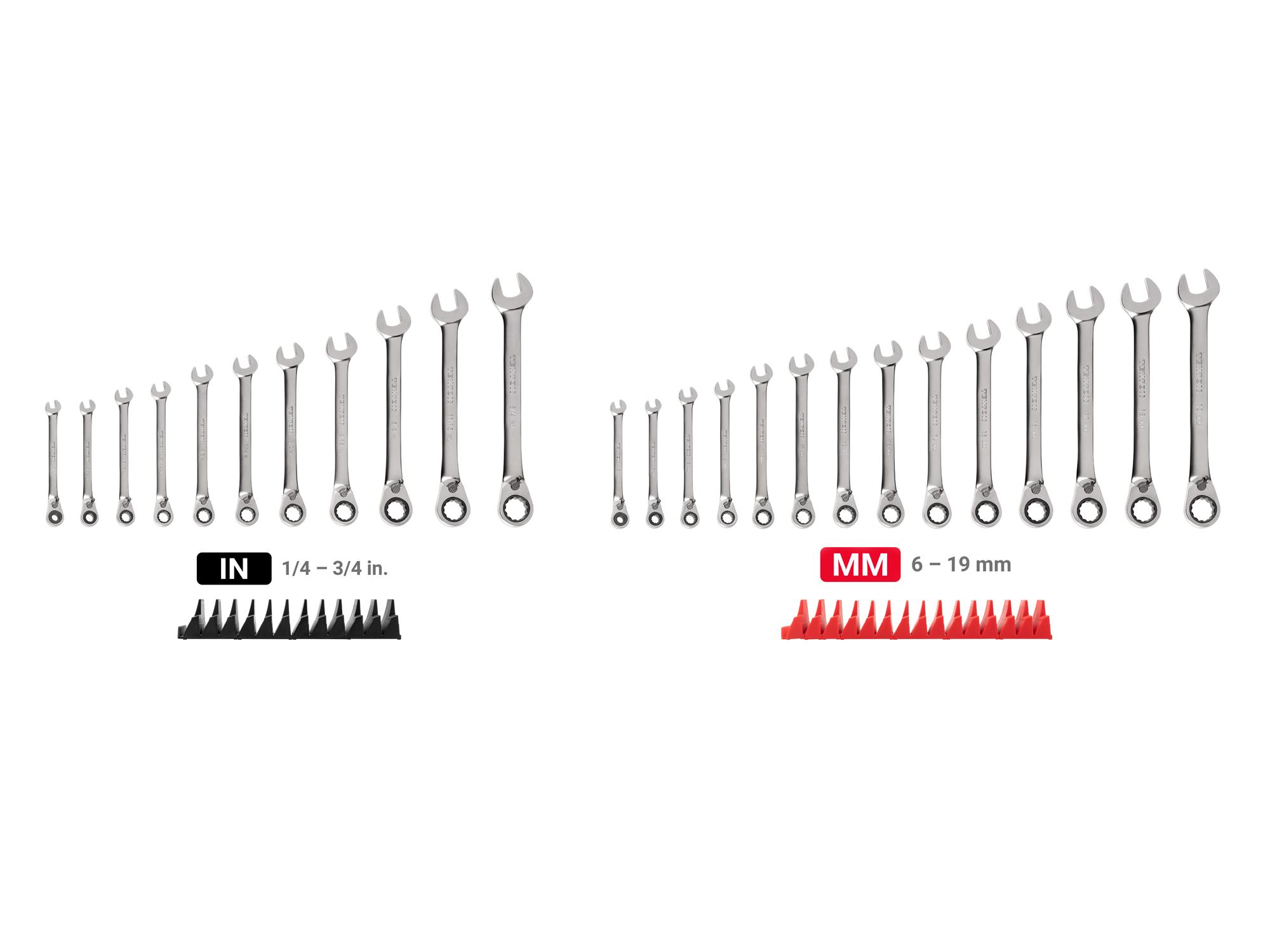 Laid out contents of Tekton modular ratcheting combination wrench set. Item #WRC94304