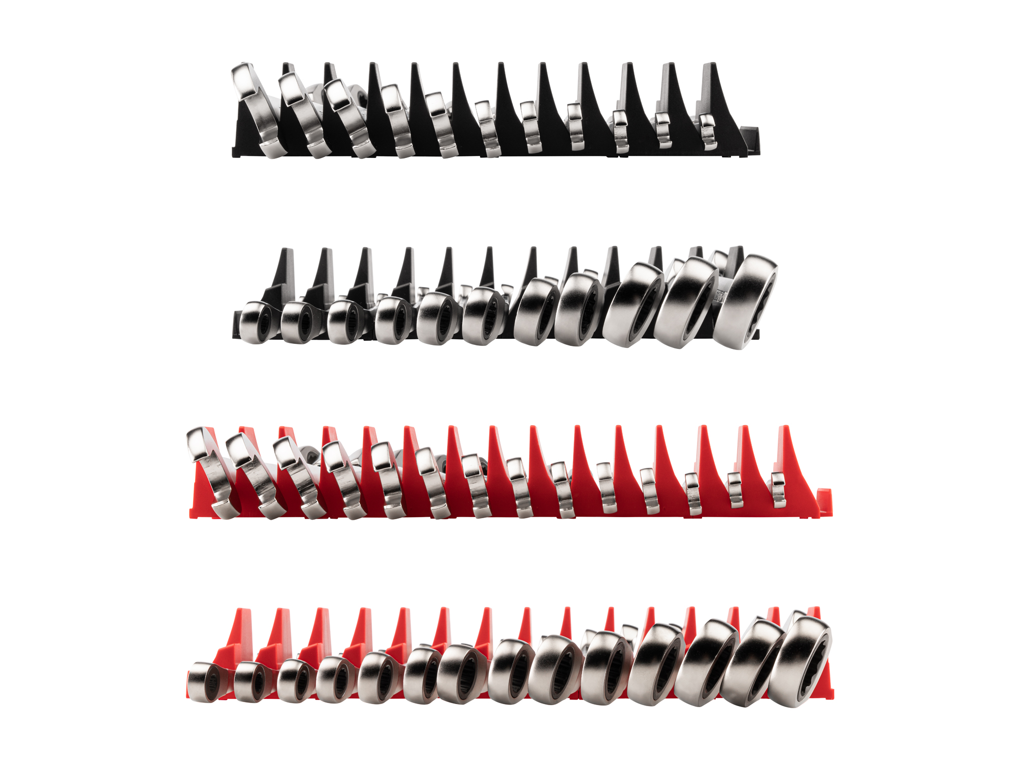 Left and right views of 25-piece inch-and-metric ratcheting combination wrench set in a black modular