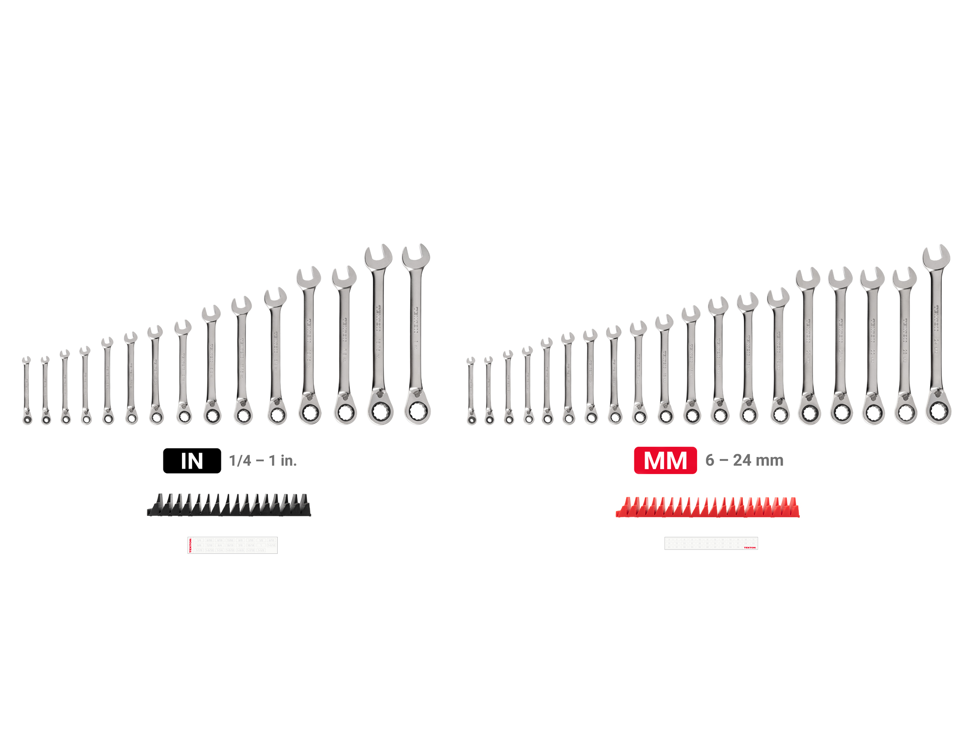 Set includes 1/4 - 1 inch (SAE), 6 - 24 mm (metric) reversible 12-point ratcheting combination wrenches with modular wrench organizer. No skipped sizes. WRC94305.