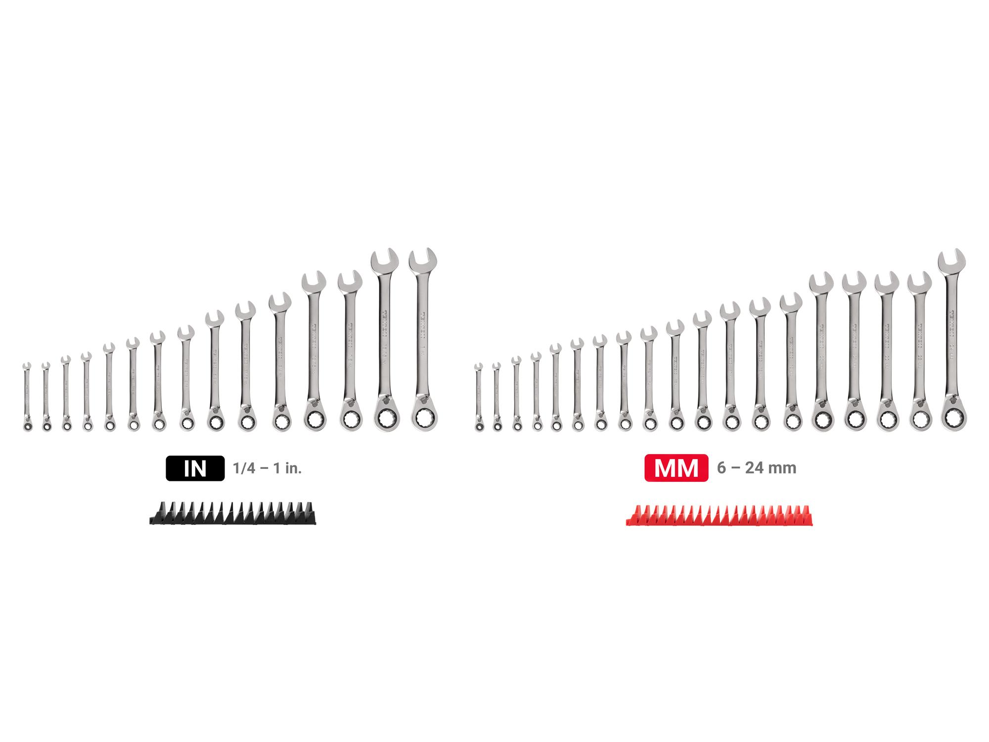 Laid out contents of Tekton modular ratcheting combination wrench set. Item #WRC94305