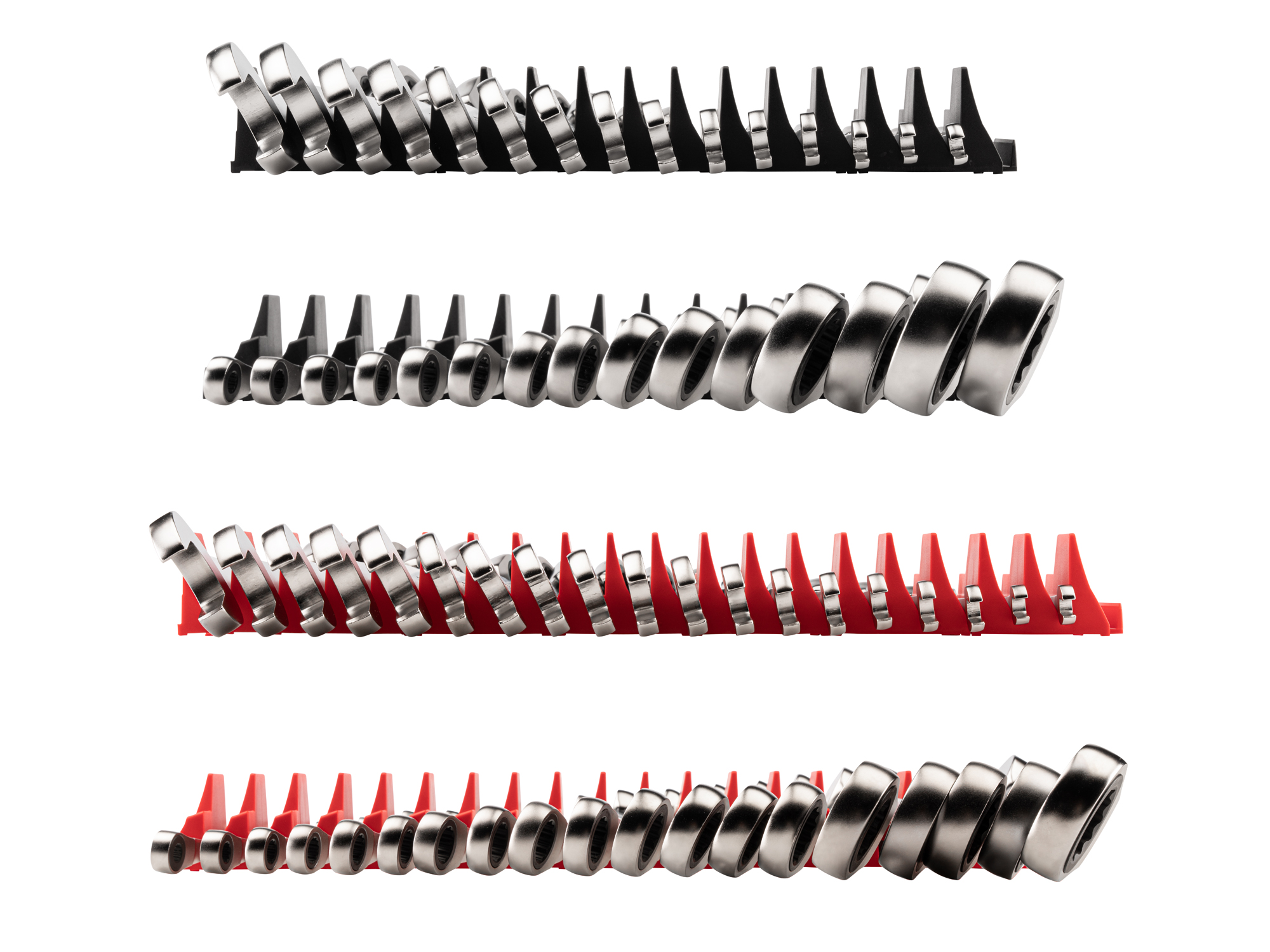 Left and right views of 34-piece inch-and-metric ratcheting combination wrench set in a black modular