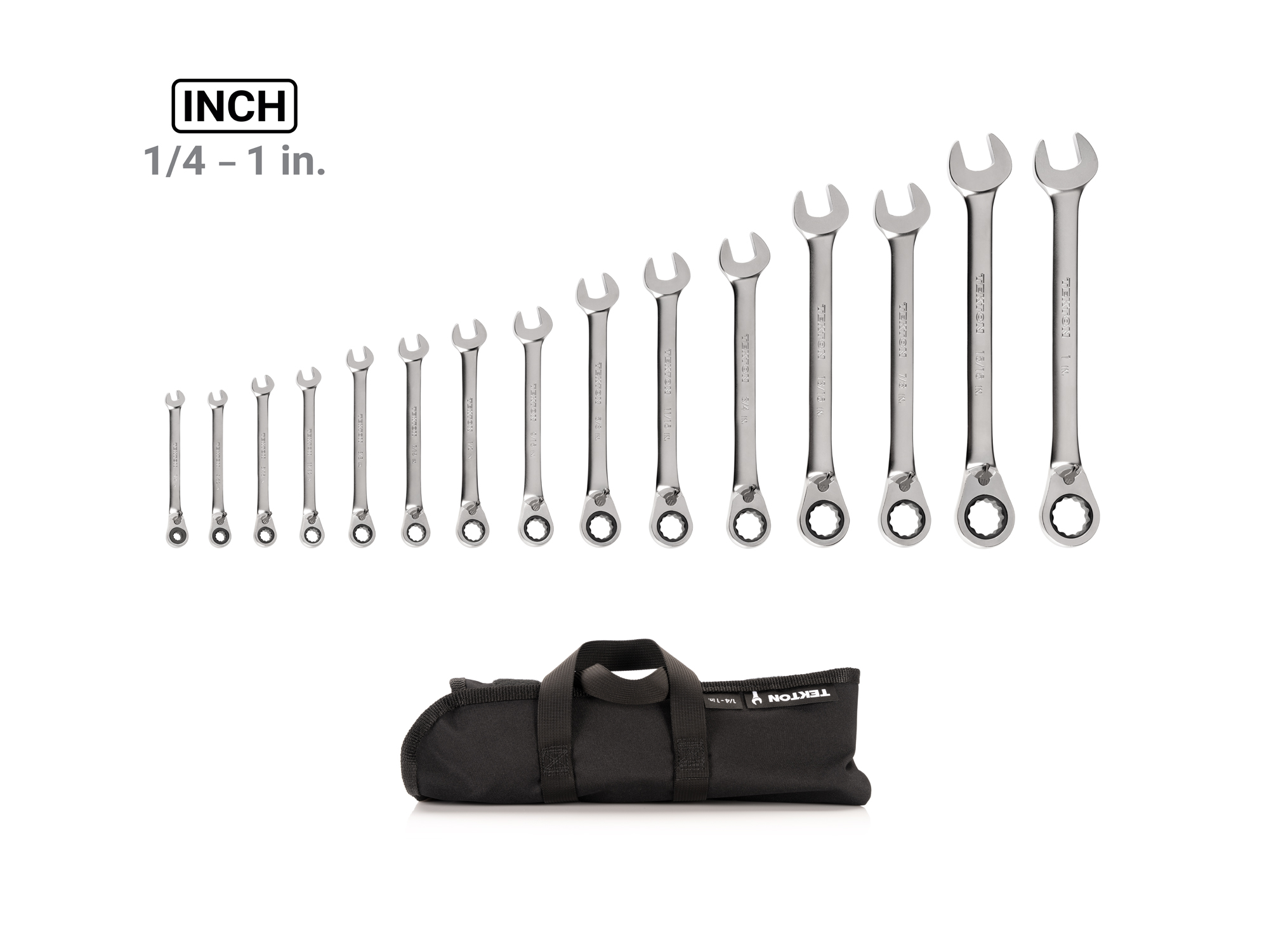 Set includes 1/4 - 1 inch (SAE) reversible 12-point ratcheting combination wrenches with pouch organizer. No skipped sizes. WRC94401.