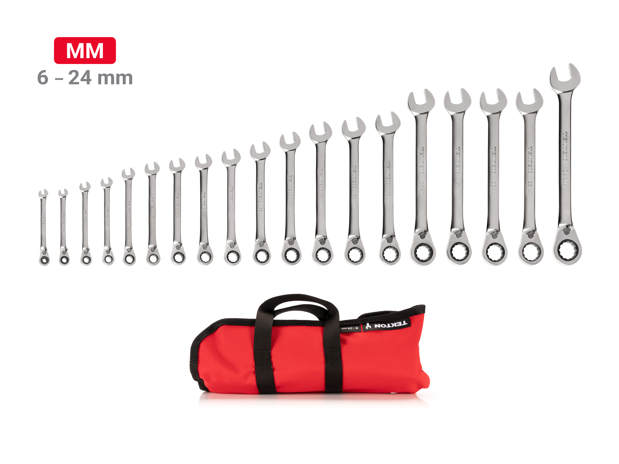 Set includes 6 - 24 mm (metric) reversible 12-point ratcheting combination wrenches with pouch organizer. No skipped sizes. WRC94403.