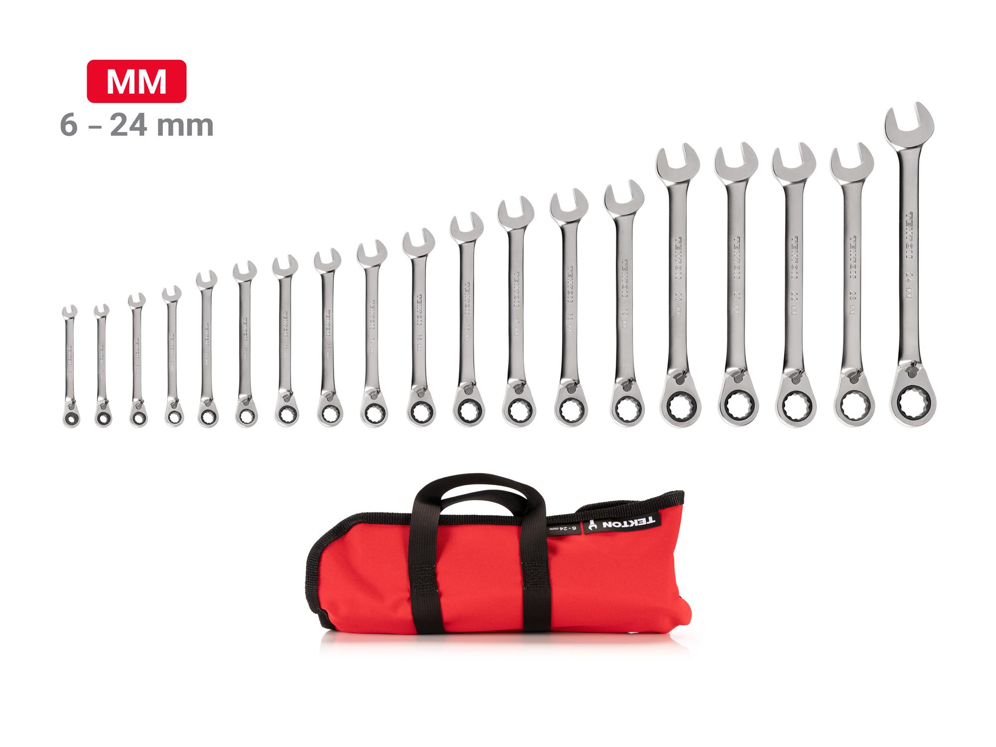 Laid out contents of Tekton roll ratcheting combination wrench set. Item #WRC94403