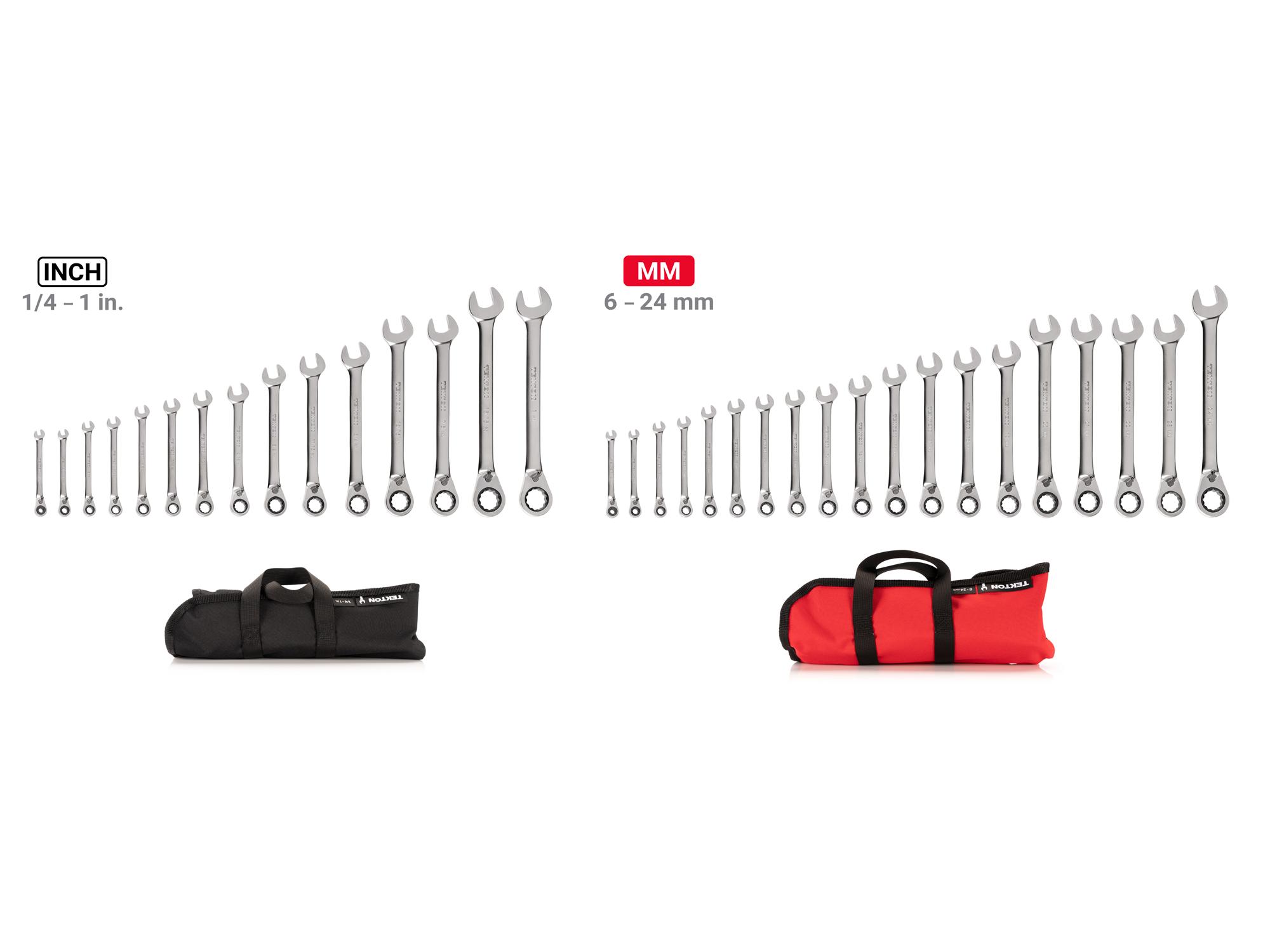 Laid out contents of Tekton roll ratcheting combination wrench set. Item #WRC94405