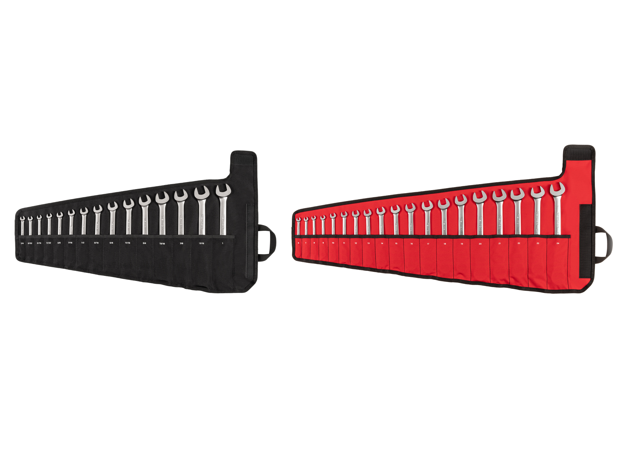 Set includes 1/4 - 1 inch (SAE), 6 - 24 mm (metric) reversible 12-point ratcheting combination wrenches with pouch organizer. No skipped sizes. WRC94405.