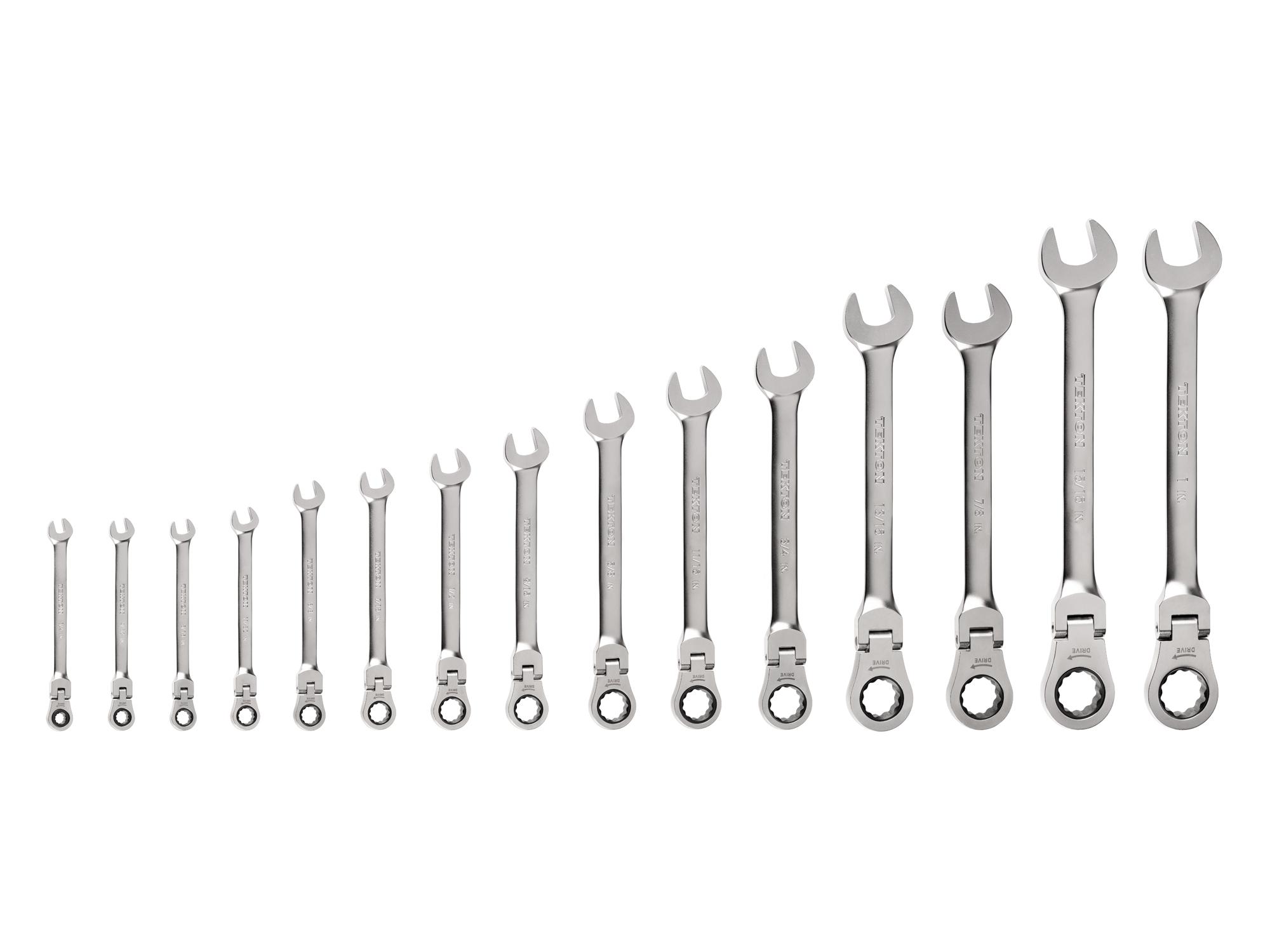 Front view of Tekton ratcheting combination wrench set. Item #WRC95001