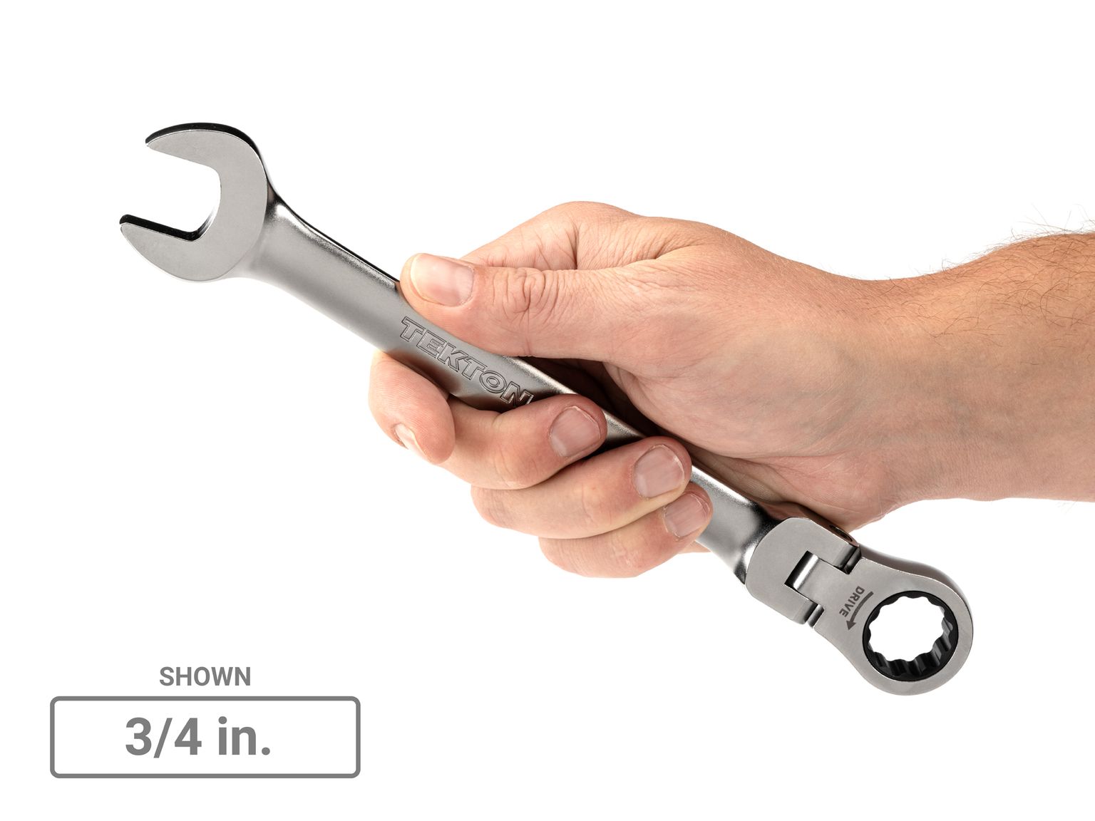 Person holding Tekton 3/4 inchratcheting combination wrench. Item #WRC26319
