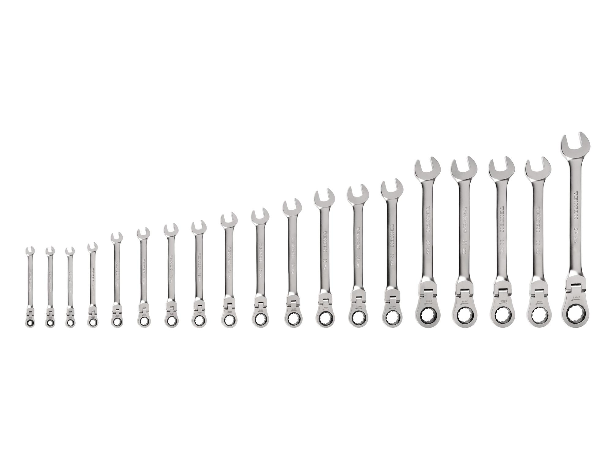 Front view of Tekton ratcheting combination wrench set. Item #WRC95003