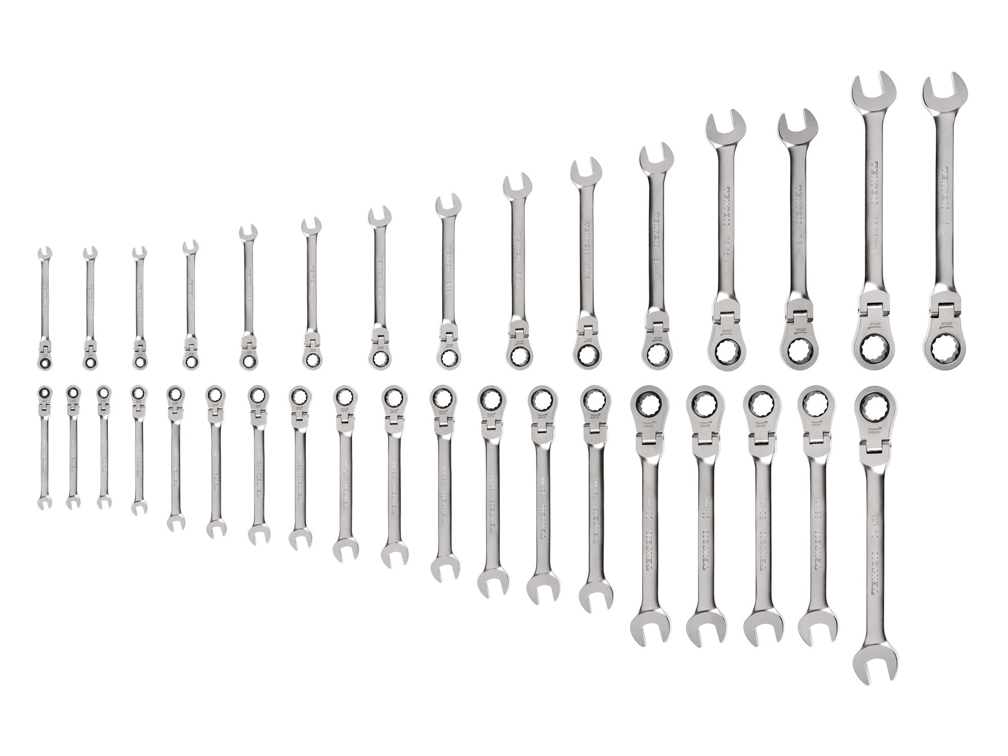 Front view of Tekton ratcheting combination wrench set. Item #WRC95005