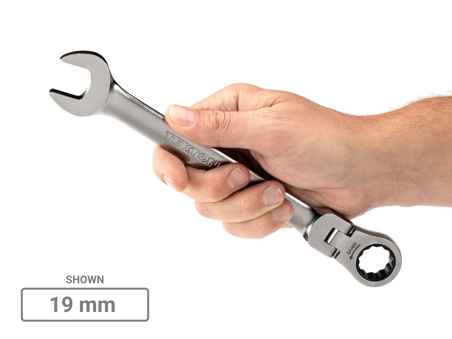 Person holding Tekton 19 millimeterratcheting combination wrench. Item #WRC26419