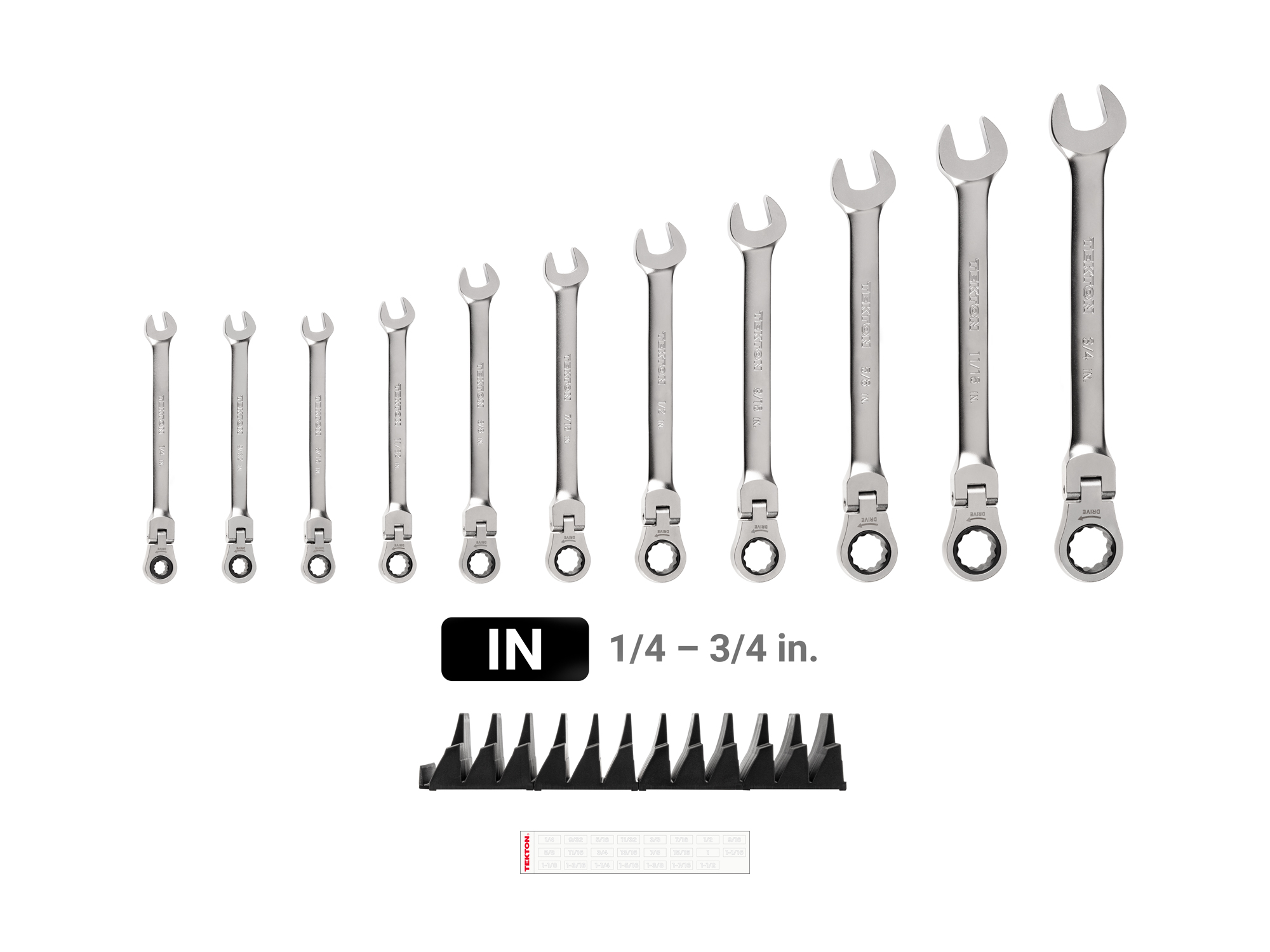 Set Includes 1/4 - 3/4 inch (SAE) flex head 12-point ratcheting combination wrenches with modular wrench organizer. No skipped sizes. WRC95300.