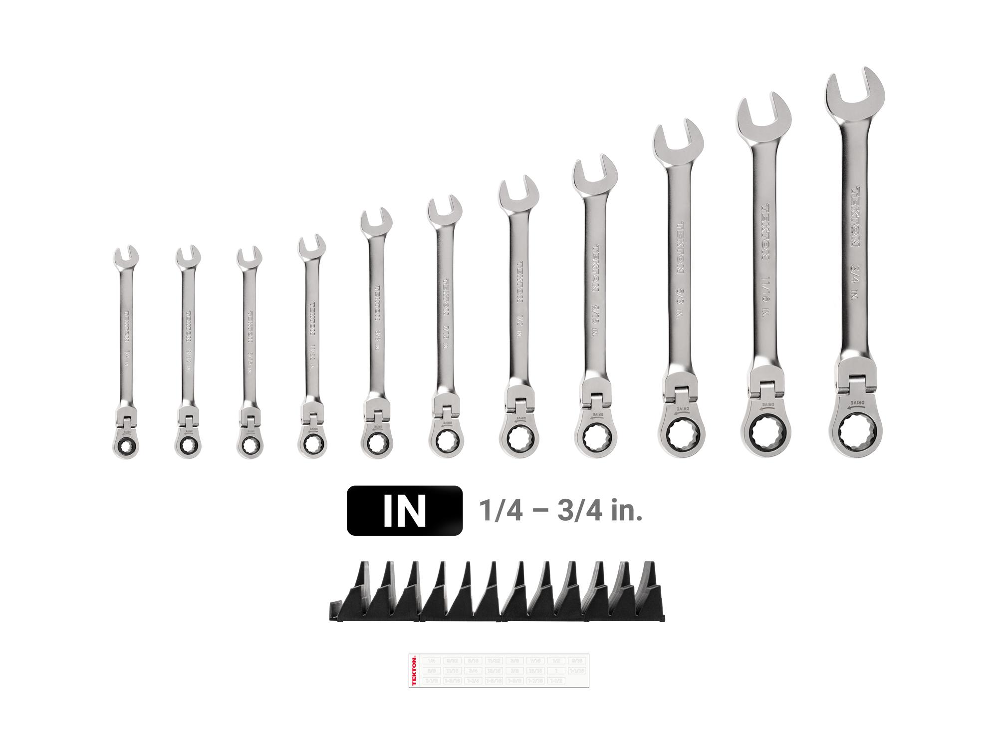Laid out contents of Tekton modular ratcheting combination wrench set. Item #WRC95300