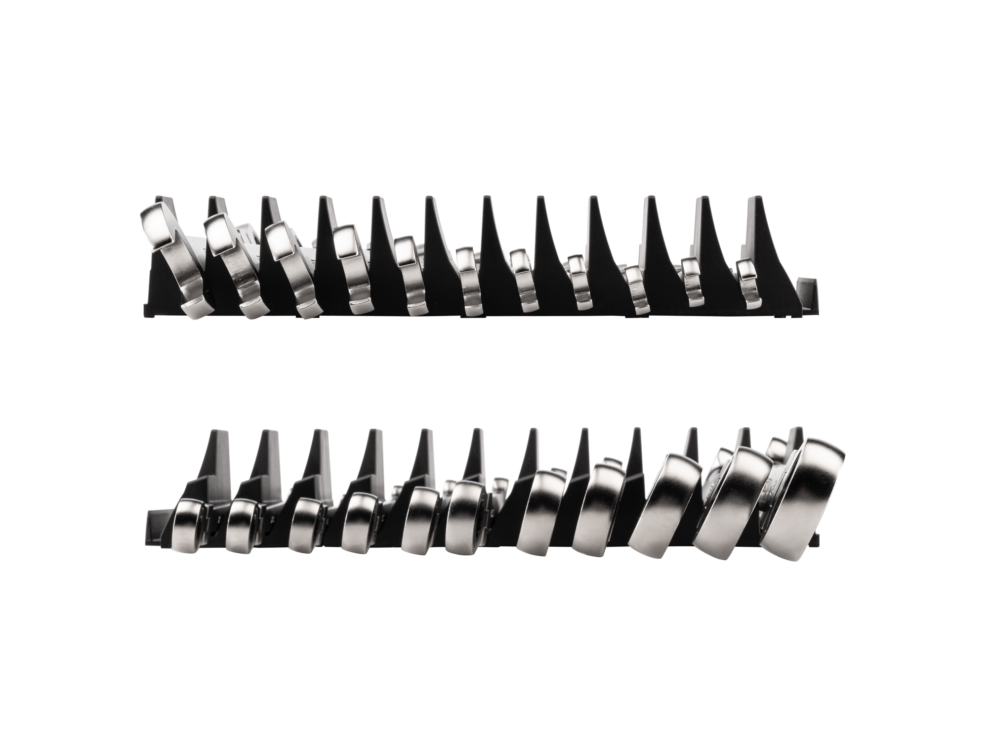 Left and right views of 11-piece inch ratcheting combination wrench set in a black modular