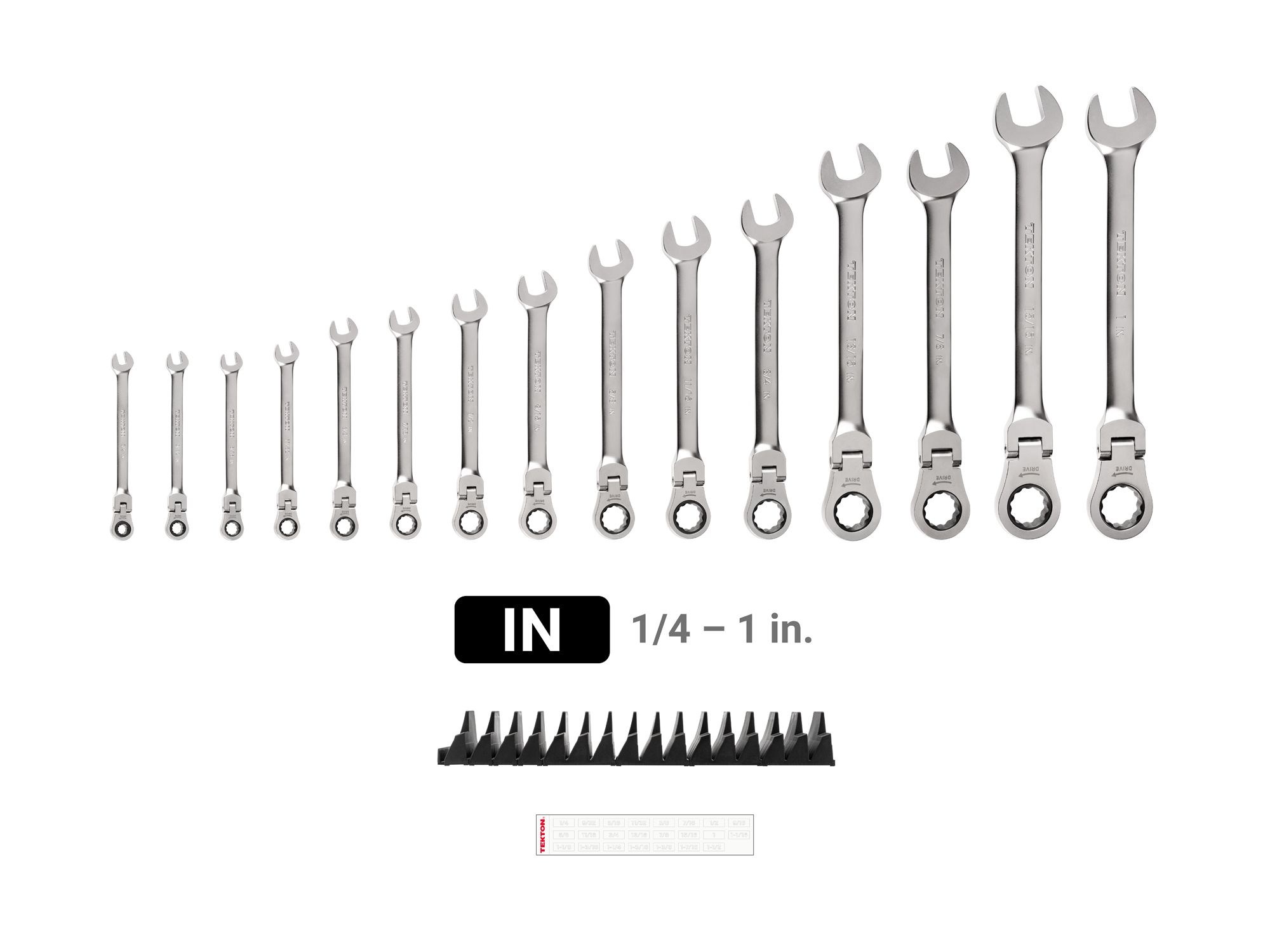 Set Includes 1/4 - 1 inch (SAE) flex head 12-point ratcheting combination wrenches with modular wrench organizer. No skipped sizes. WRC95301.