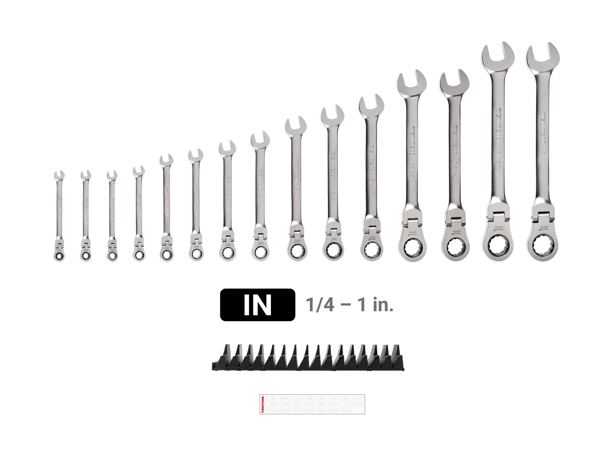 Laid out contents of Tekton modular ratcheting combination wrench set. Item #WRC95301