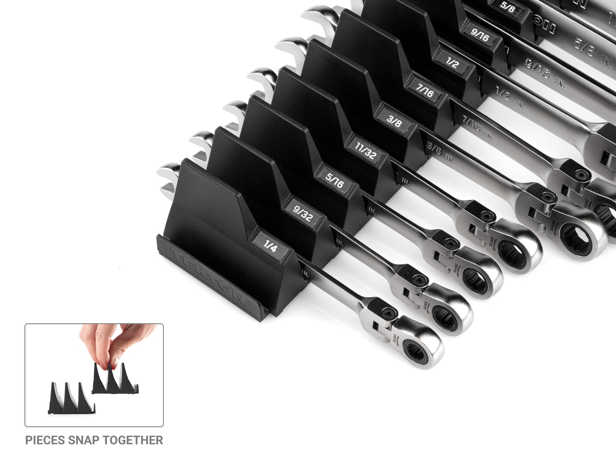 Tekton  ratcheting combination wrench set shown in a modular slotted organization option. Item #WRC95300