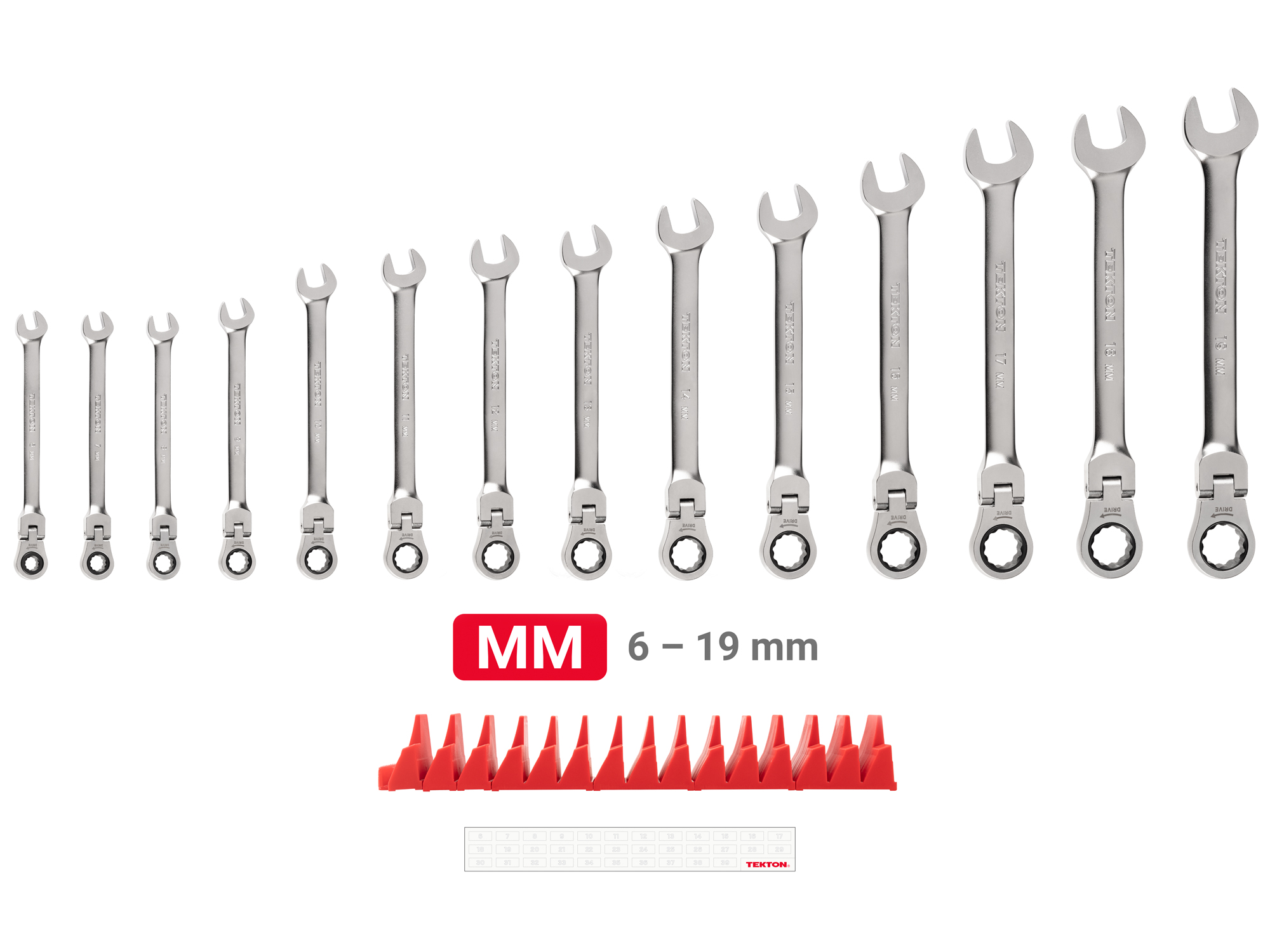 Set Includes 6 - 19 mm (metric) flex head 12-point ratcheting combination wrenches with modular wrench organizer. No skipped sizes. WRC95302.