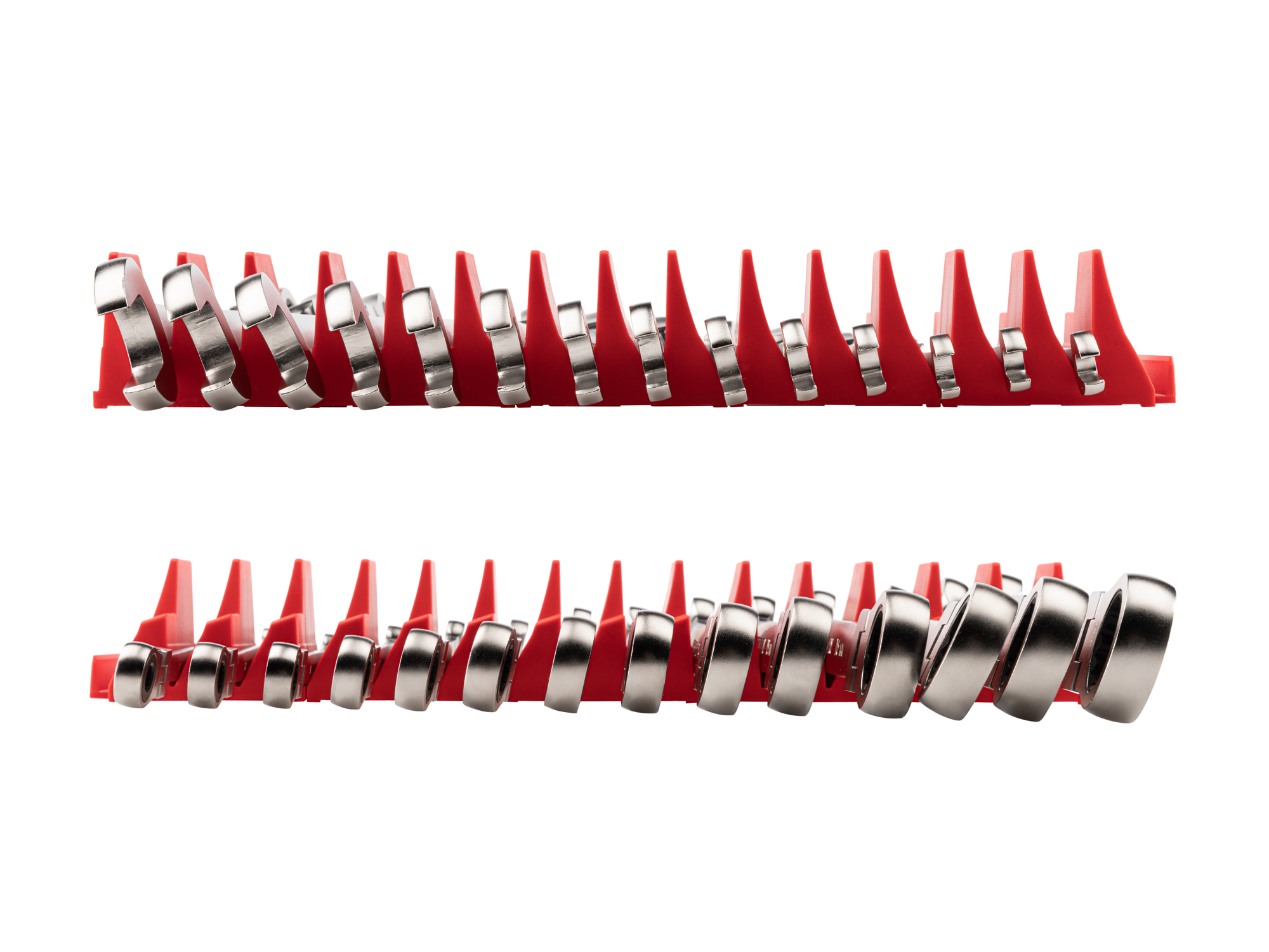 Left and right views of 14-piece metric ratcheting combination wrench set in a red modular