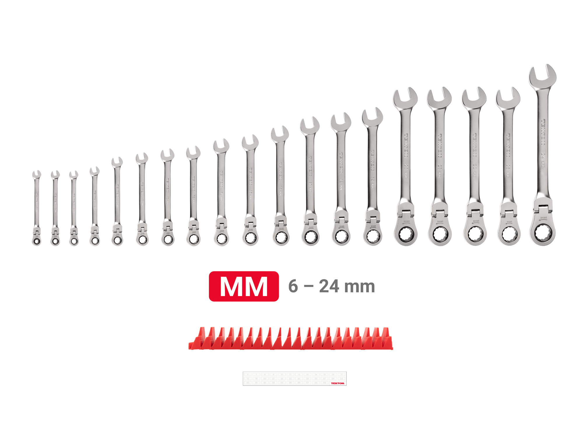 Set Includes 6 - 24 mm (metric) flex head 12-point ratcheting combination wrenches with modular wrench organizer. No skipped sizes. WRC95303.