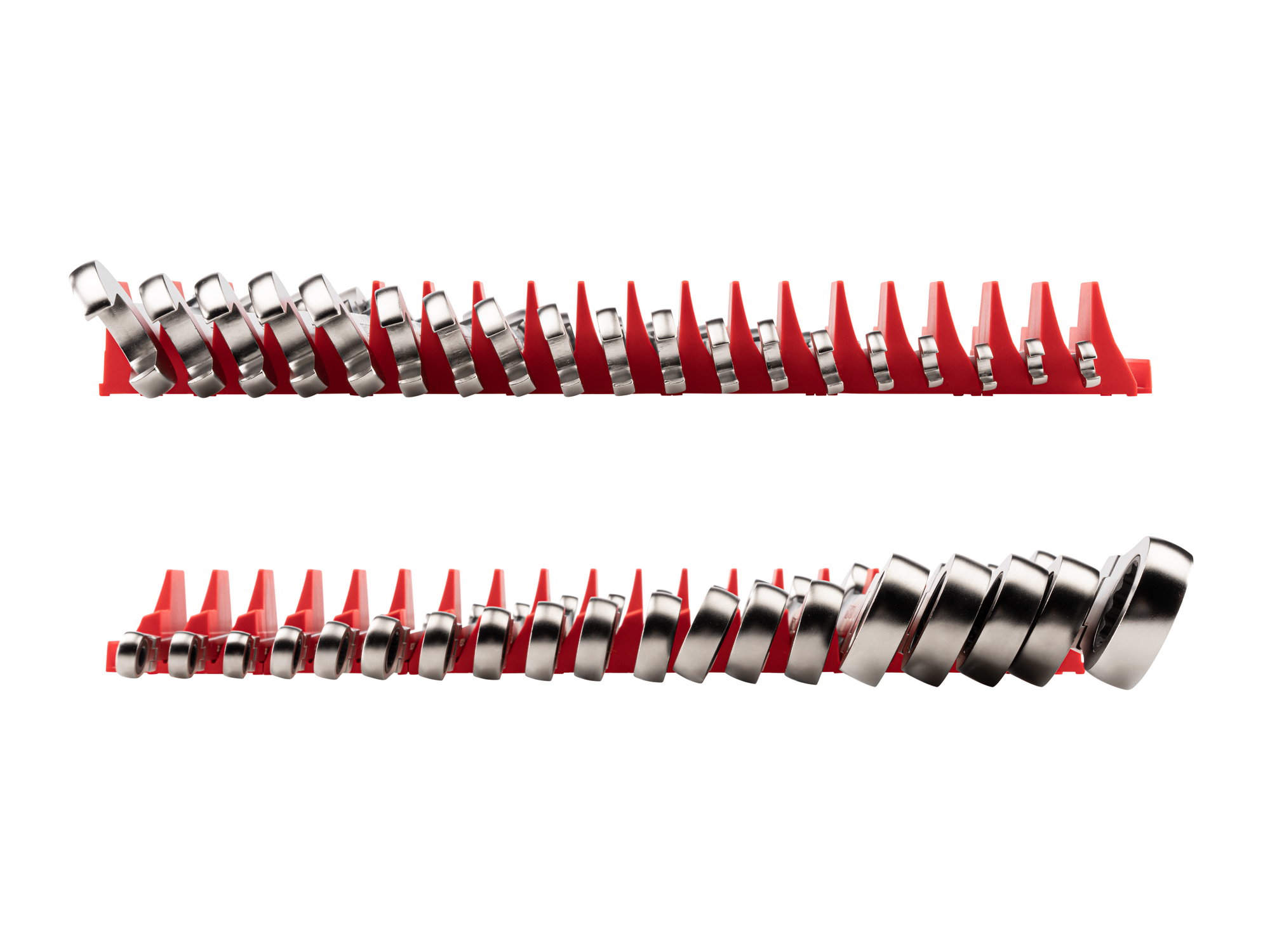 Left and right views of 19-piece metric ratcheting combination wrench set in a red modular