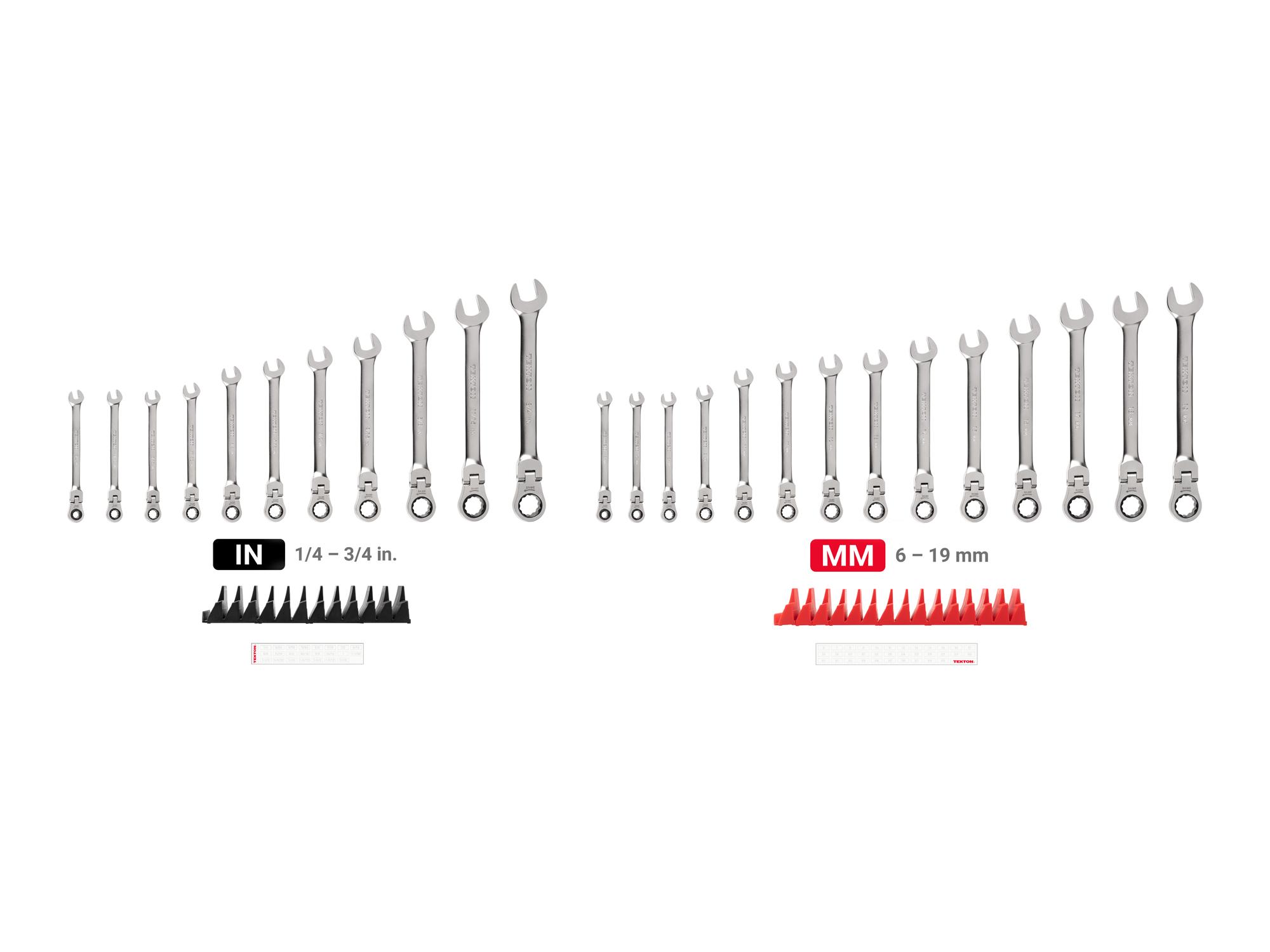 Laid out contents of Tekton modular ratcheting combination wrench set. Item #WRC95304