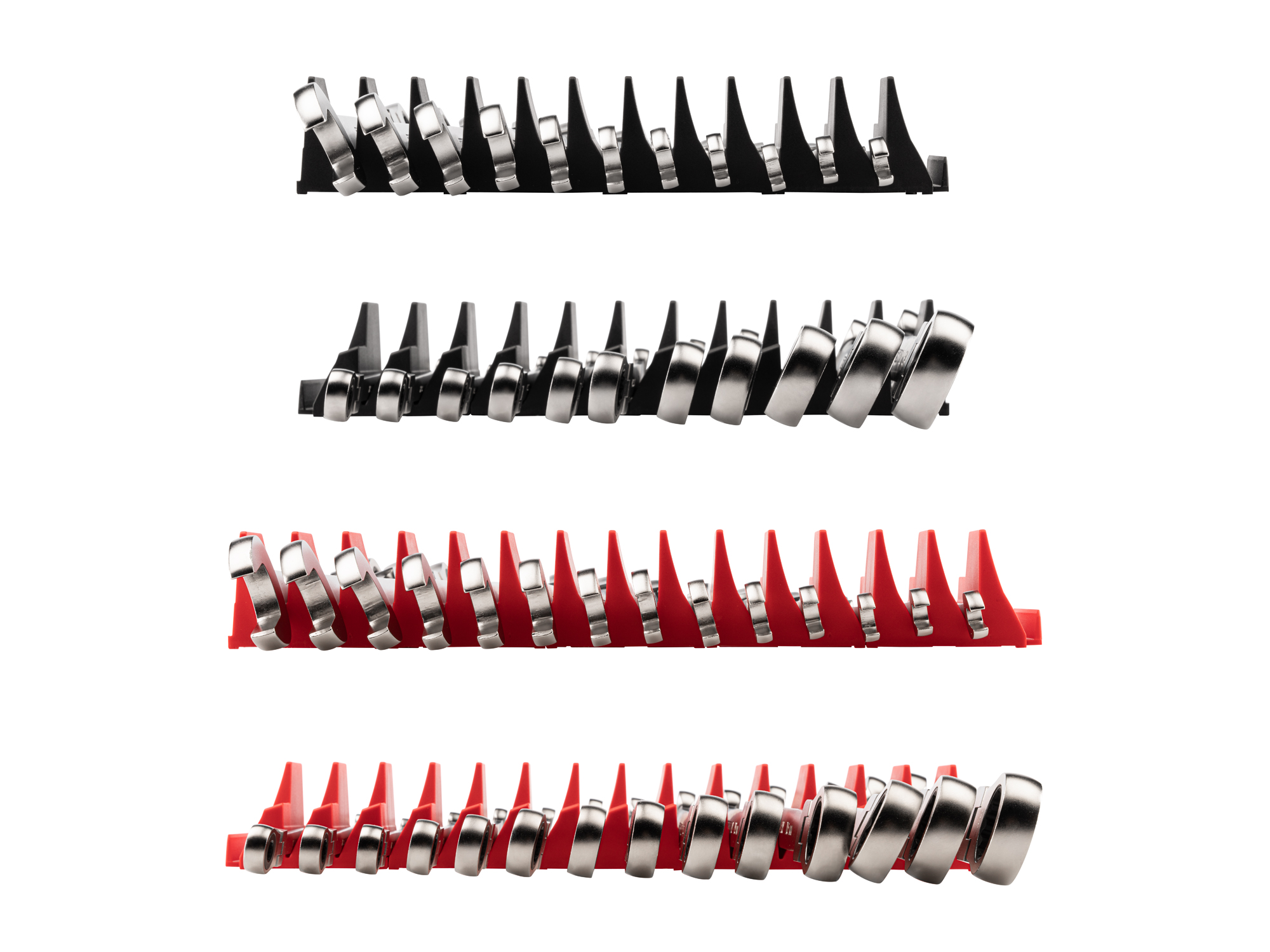 Left and right views of 25-piece inch-and-metric ratcheting combination wrench set in a black modular