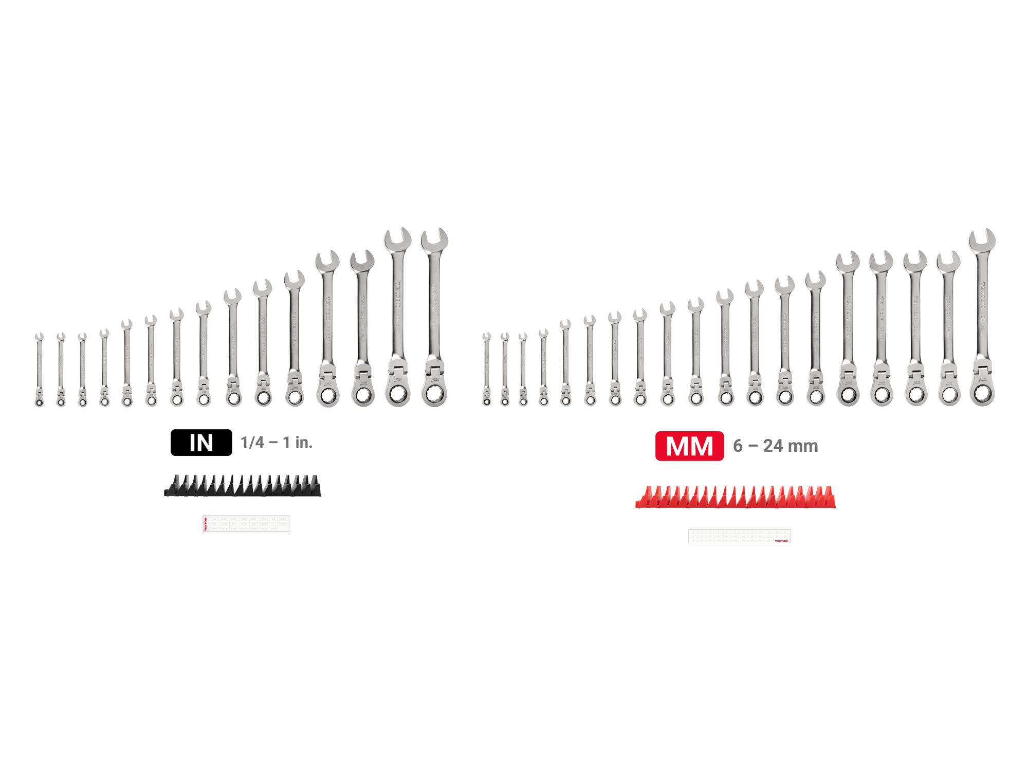 Set Includes 1/4 - 1 inch (SAE), 6 - 24 mm (metric) flex head 12-point ratcheting combination wrenches with modular wrench organizer. No skipped sizes. WRC95305.