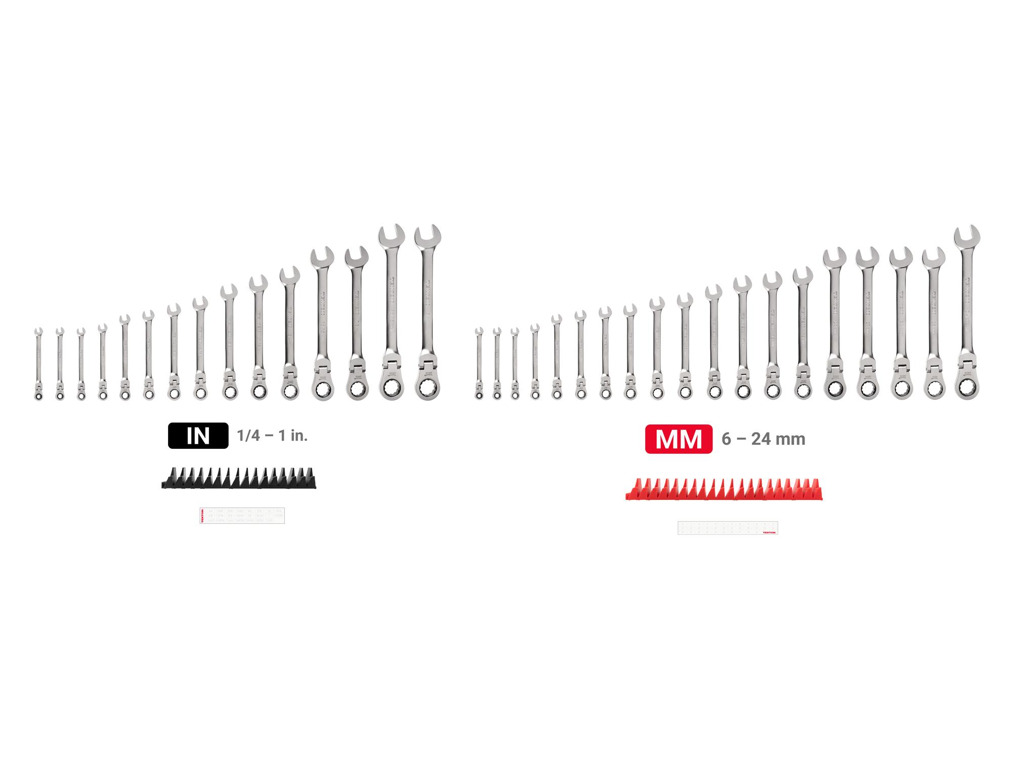 Laid out contents of Tekton modular ratcheting combination wrench set. Item #WRC95305