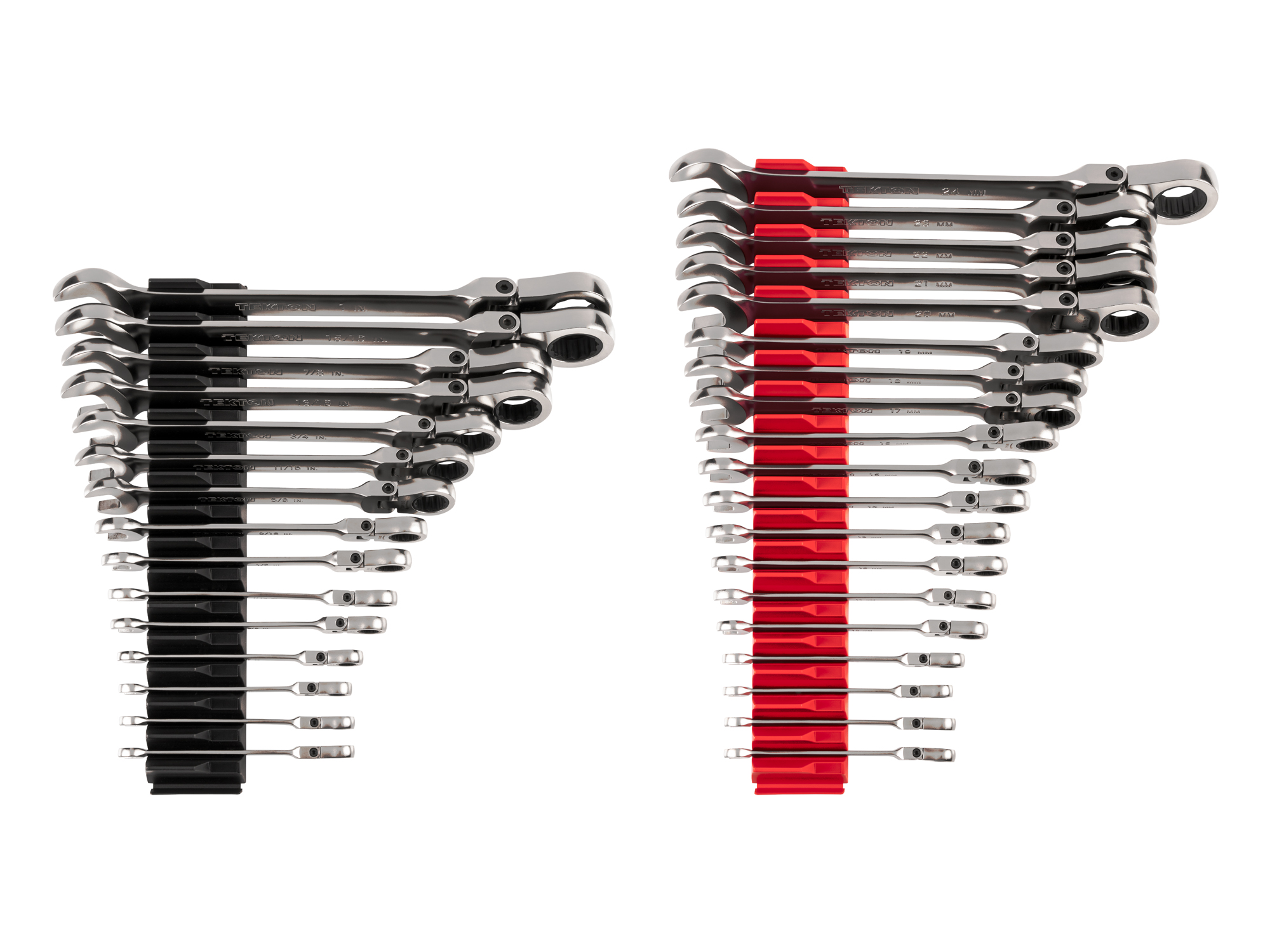 Set Includes 1/4 - 1 inch (SAE), 6 - 24 mm (metric) flex head 12-point ratcheting combination wrenches with modular wrench organizer. No skipped sizes. WRC95305.