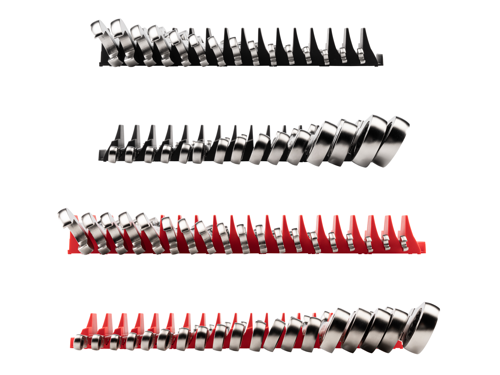 Left and right views of 34-piece inch-and-metric ratcheting combination wrench set in a black modular