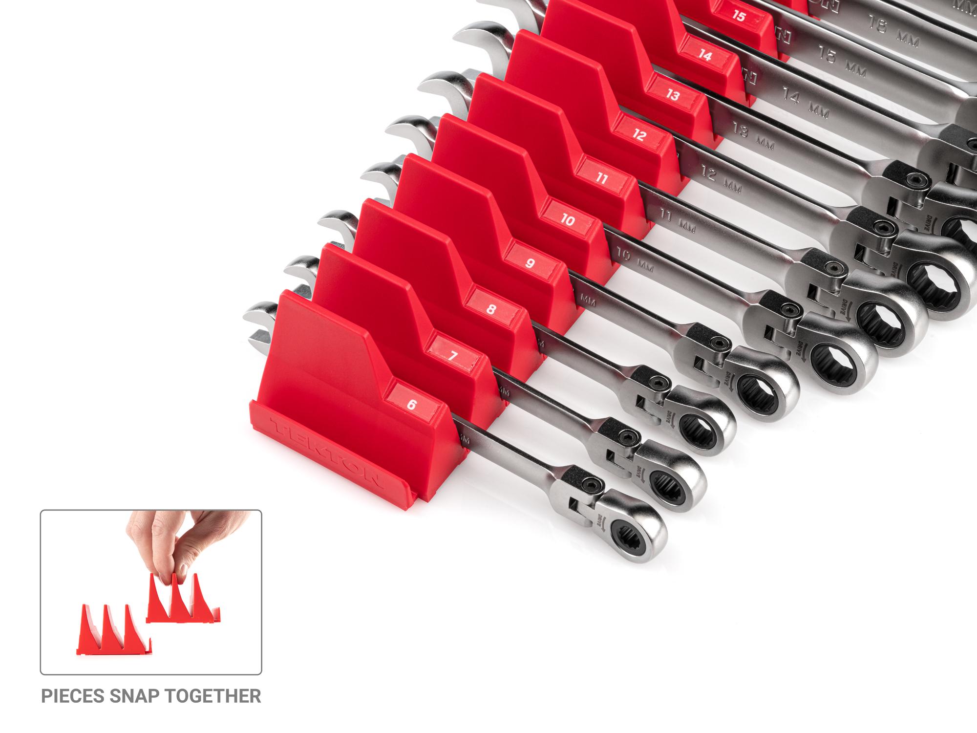 Tekton ratcheting combination wrench set shown in a modular slotted organization option. Item #WRC95302