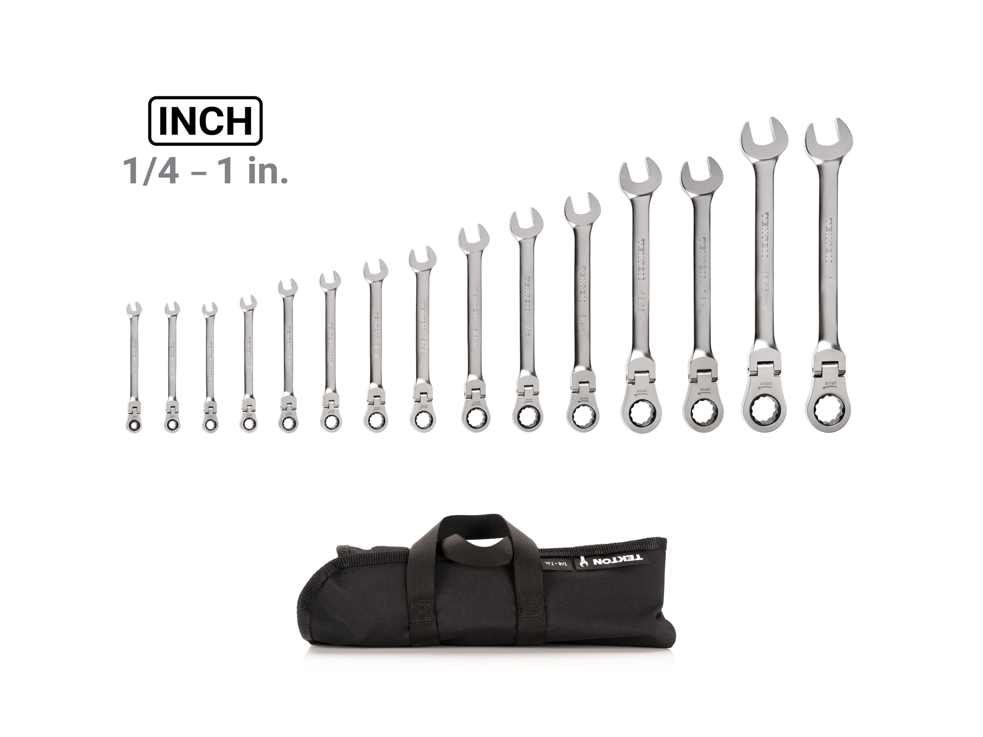 Set Includes 1/4 - 1 inch (SAE) flex head 12-point ratcheting combination wrenches with pouch organizer. No skipped sizes. WRC95401.