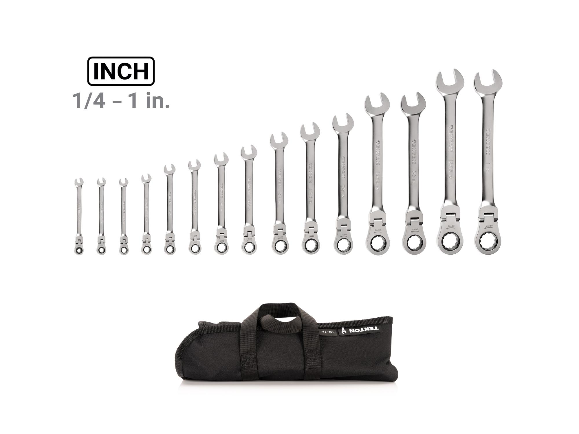 Laid out contents of Tekton roll ratcheting combination wrench set. Item #WRC95401