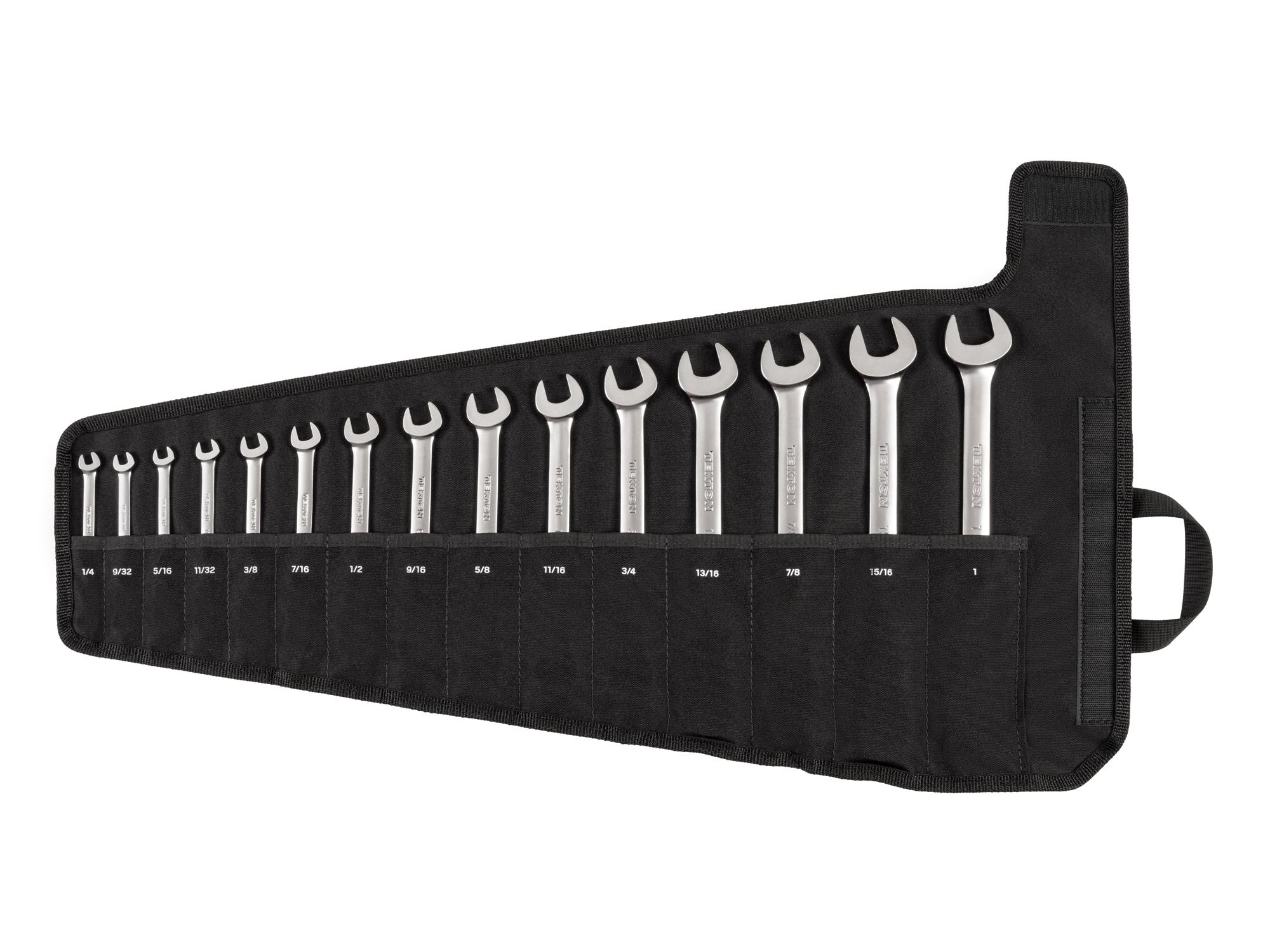 Front view of Tekton roll ratcheting combination wrench set. Item #WRC95401