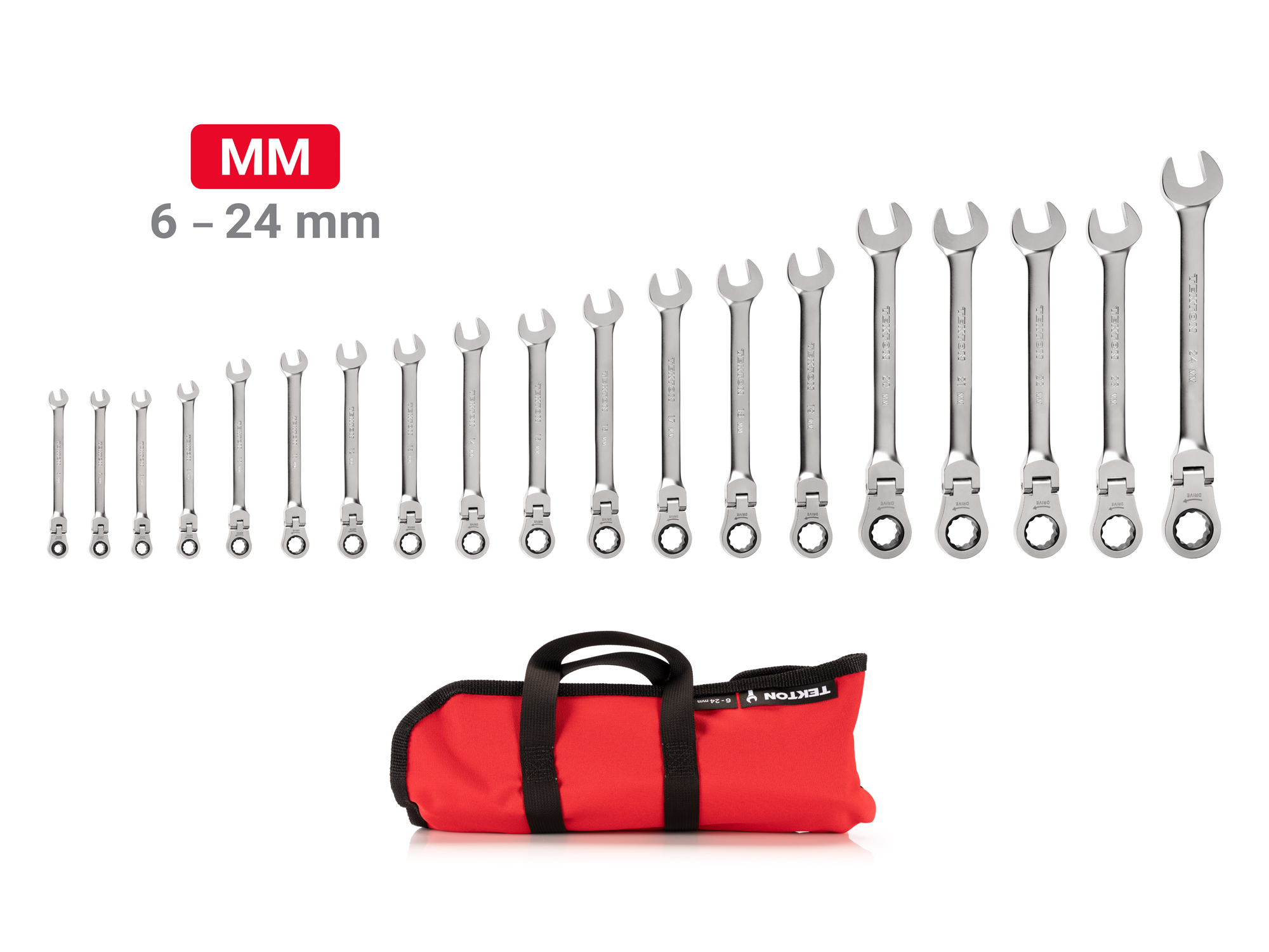 Set Includes 6 - 24 mm (metric) flex head 12-point ratcheting combination wrenches with pouch organizer. No skipped sizes. WRC95403.