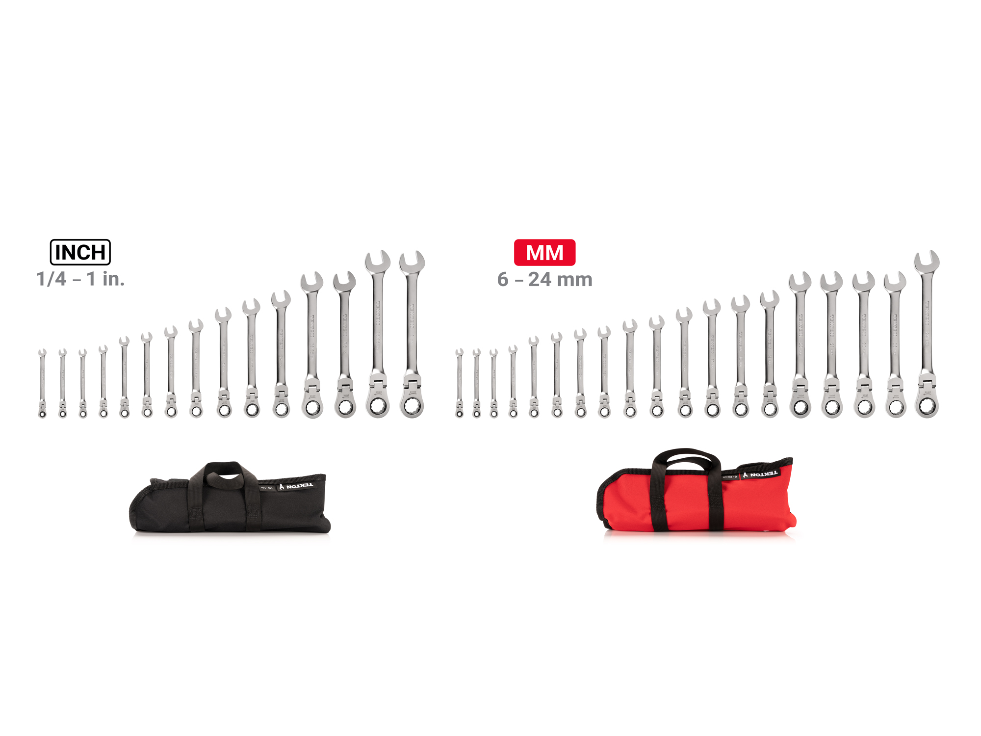 Set Includes 1/4 - 1 inch (SAE), 6 - 24 mm (metric) flex head 12-point ratcheting combination wrenches with pouch organizer. No skipped sizes. WRC95405.