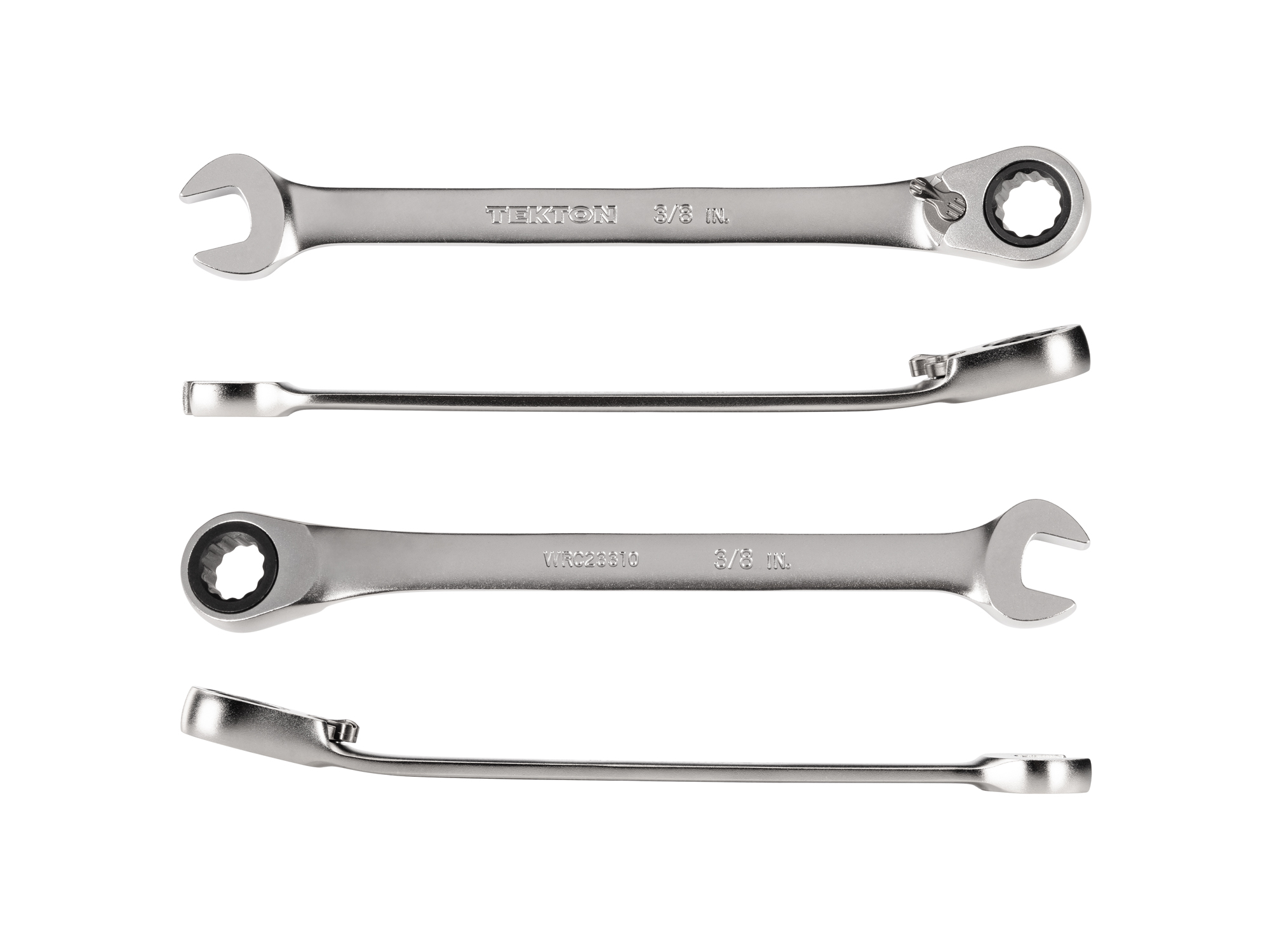 3/8 inch (sae) reversible 12-point ratcheting combination wrench includes 72-tooth gear and 15-degree angled open end to reduce swing in tight spaces. WRC23310.