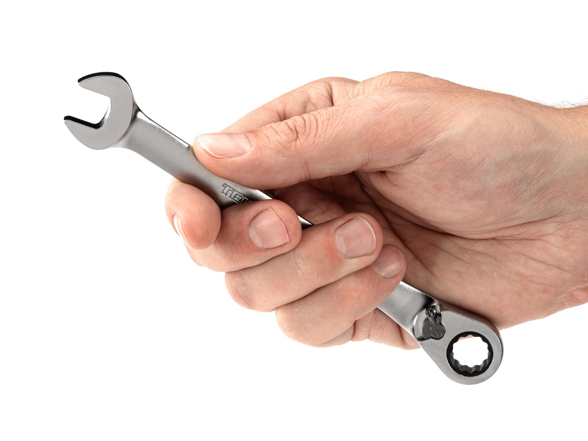 Person holding Tekton ratcheting combination wrench. Item #WRC23311