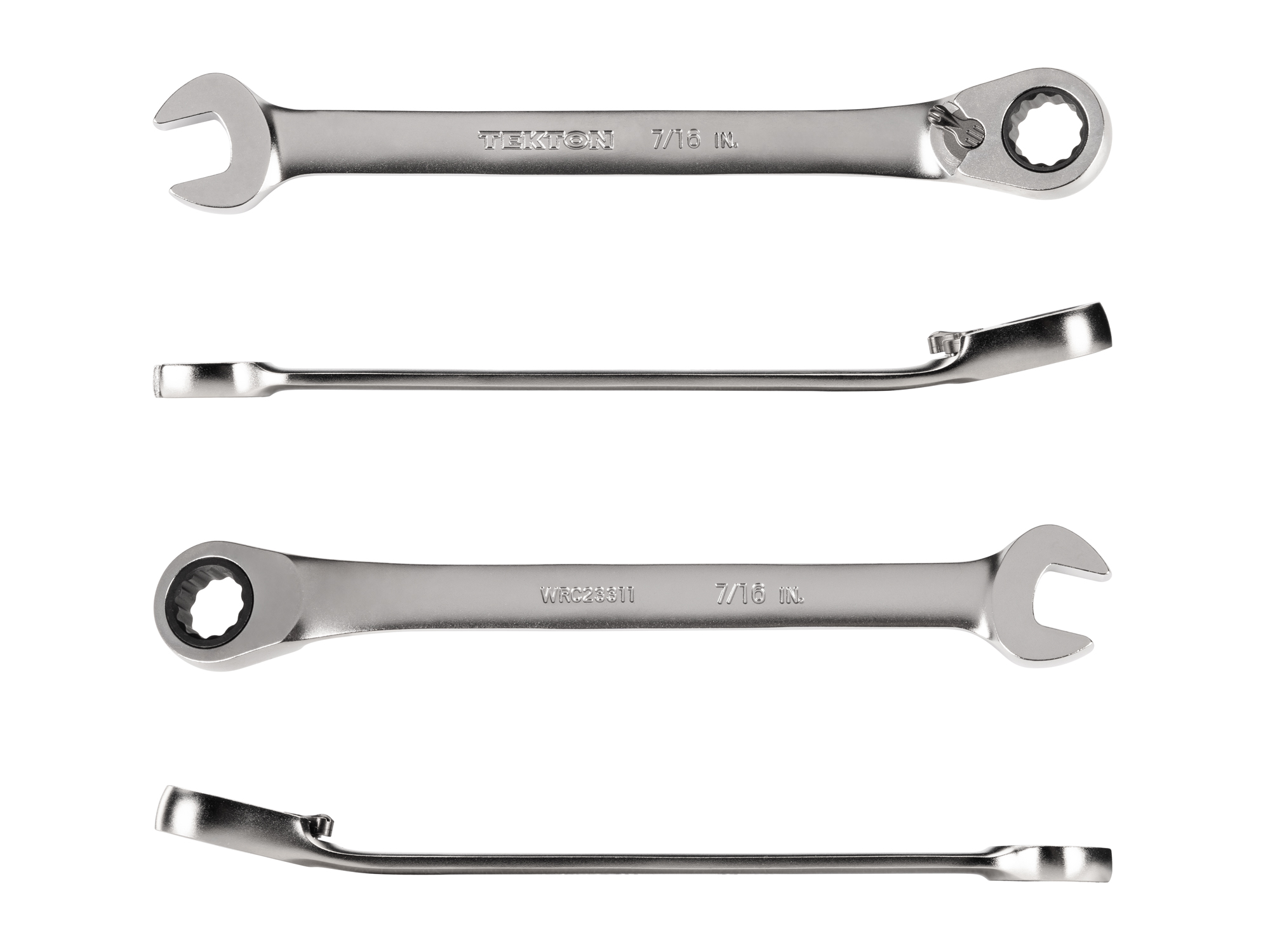 7/16 inch (sae) reversible 12-point ratcheting combination wrench includes 72-tooth gear and 15-degree angled open end to reduce swing in tight spaces. WRC23311.