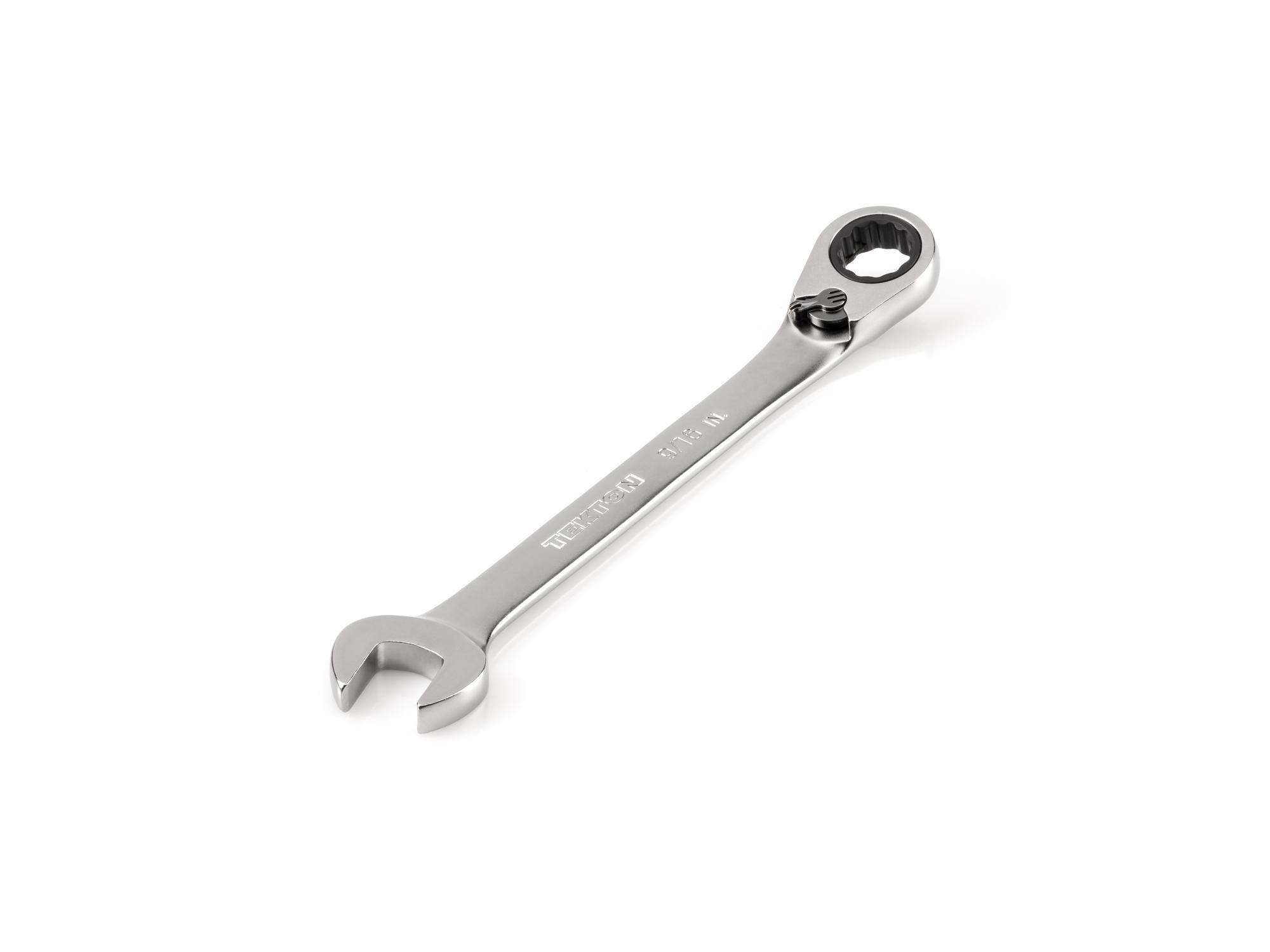Front-right angle view of Tekton ratcheting combination wrench. Item #WRC23314
