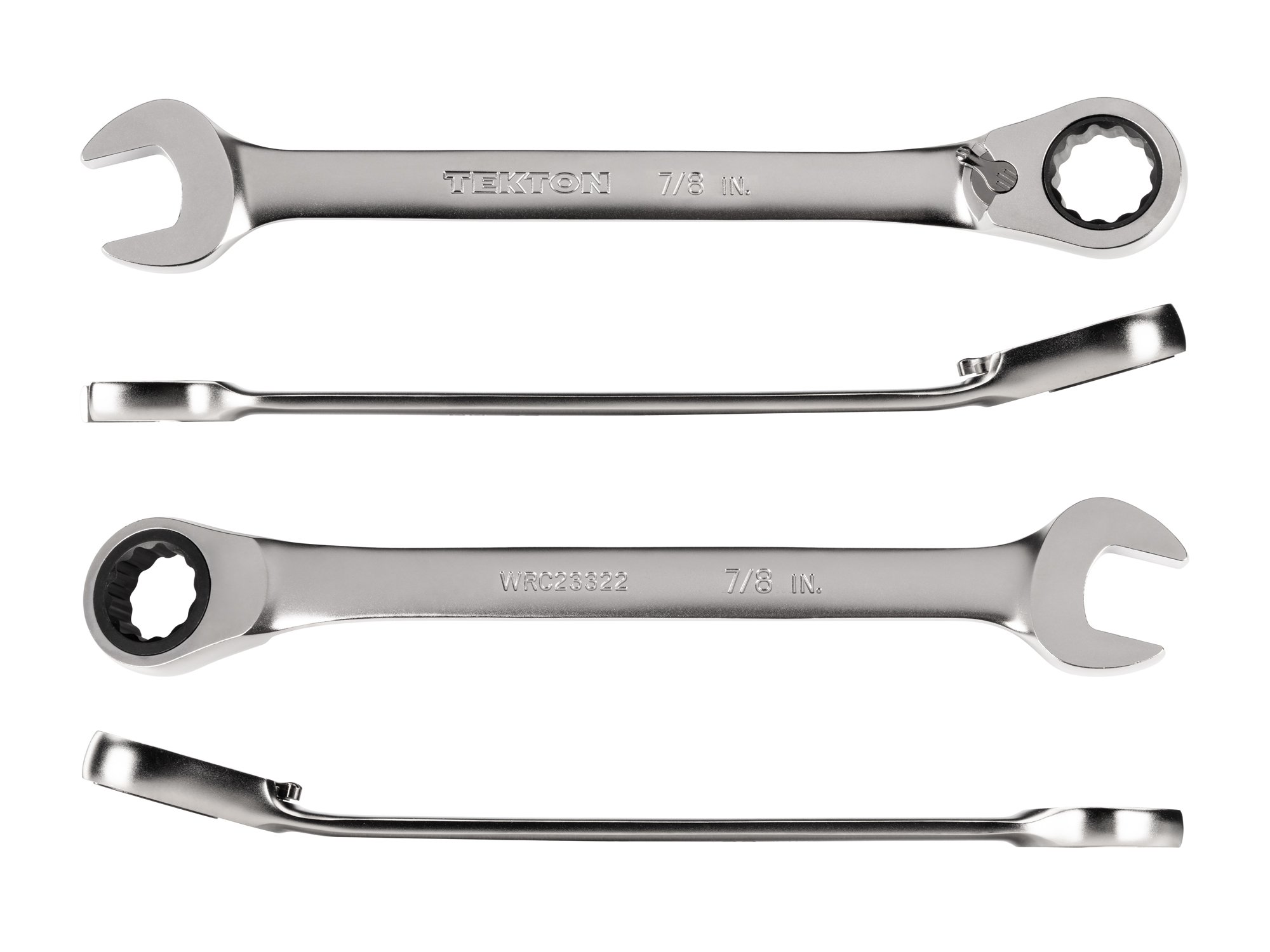 7/8 inch (sae) reversible 12-point ratcheting combination wrench includes 72-tooth gear and 15-degree angled open end to reduce swing in tight spaces. WRC23322.