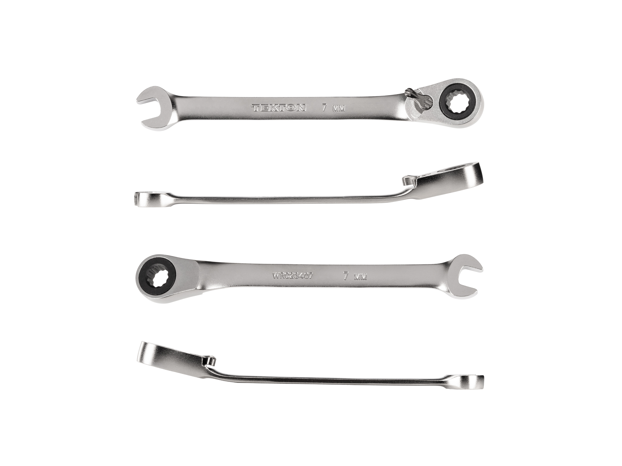 7 mm (metric) reversible 12-point ratcheting combination wrench includes 72-tooth gear and 15-degree angled open end to reduce swing in tight spaces. WRC23407.