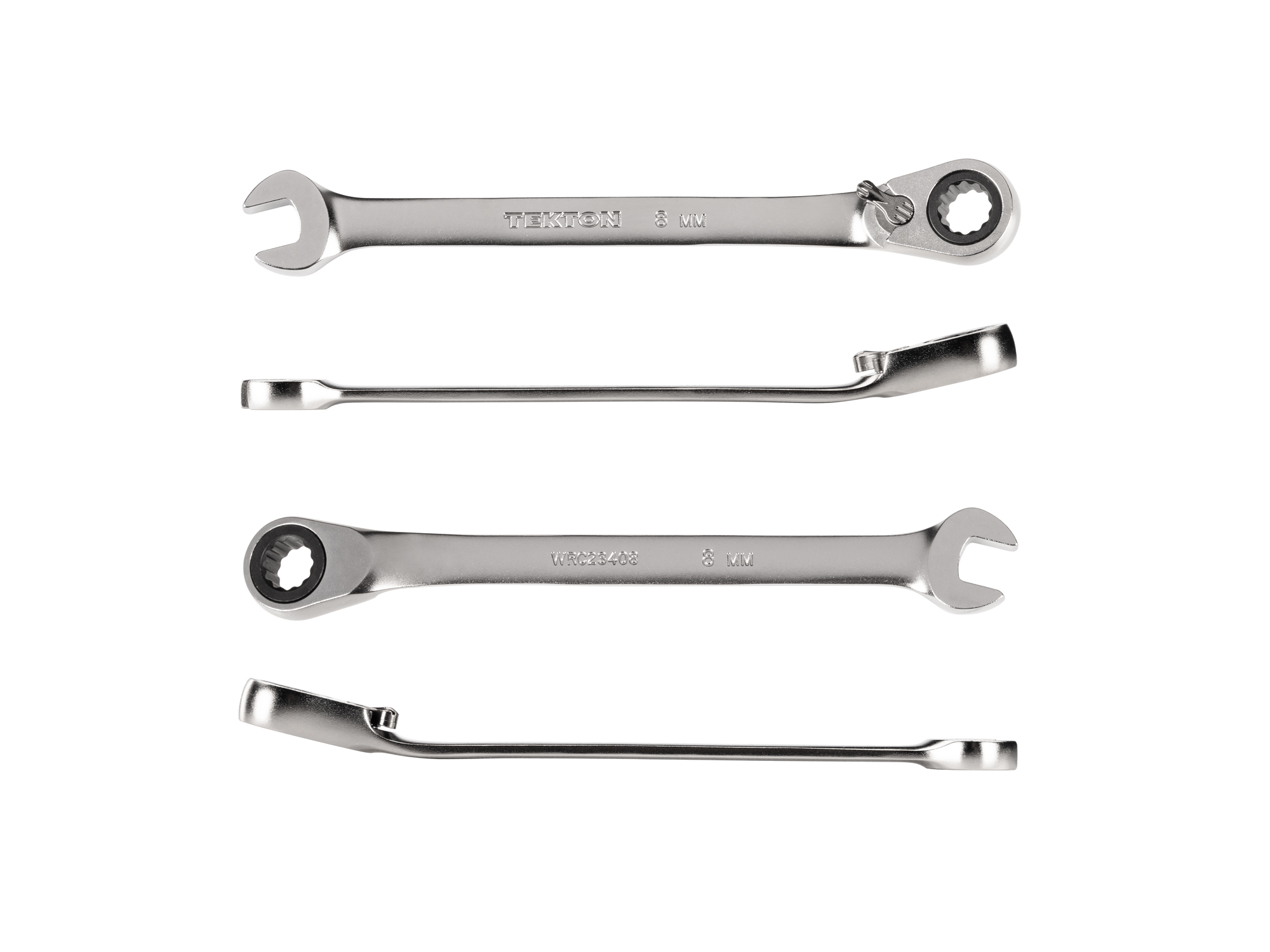 8 mm (metric) reversible 12-point ratcheting combination wrench includes 72-tooth gear and 15-degree angled open end to reduce swing in tight spaces. WRC23408.