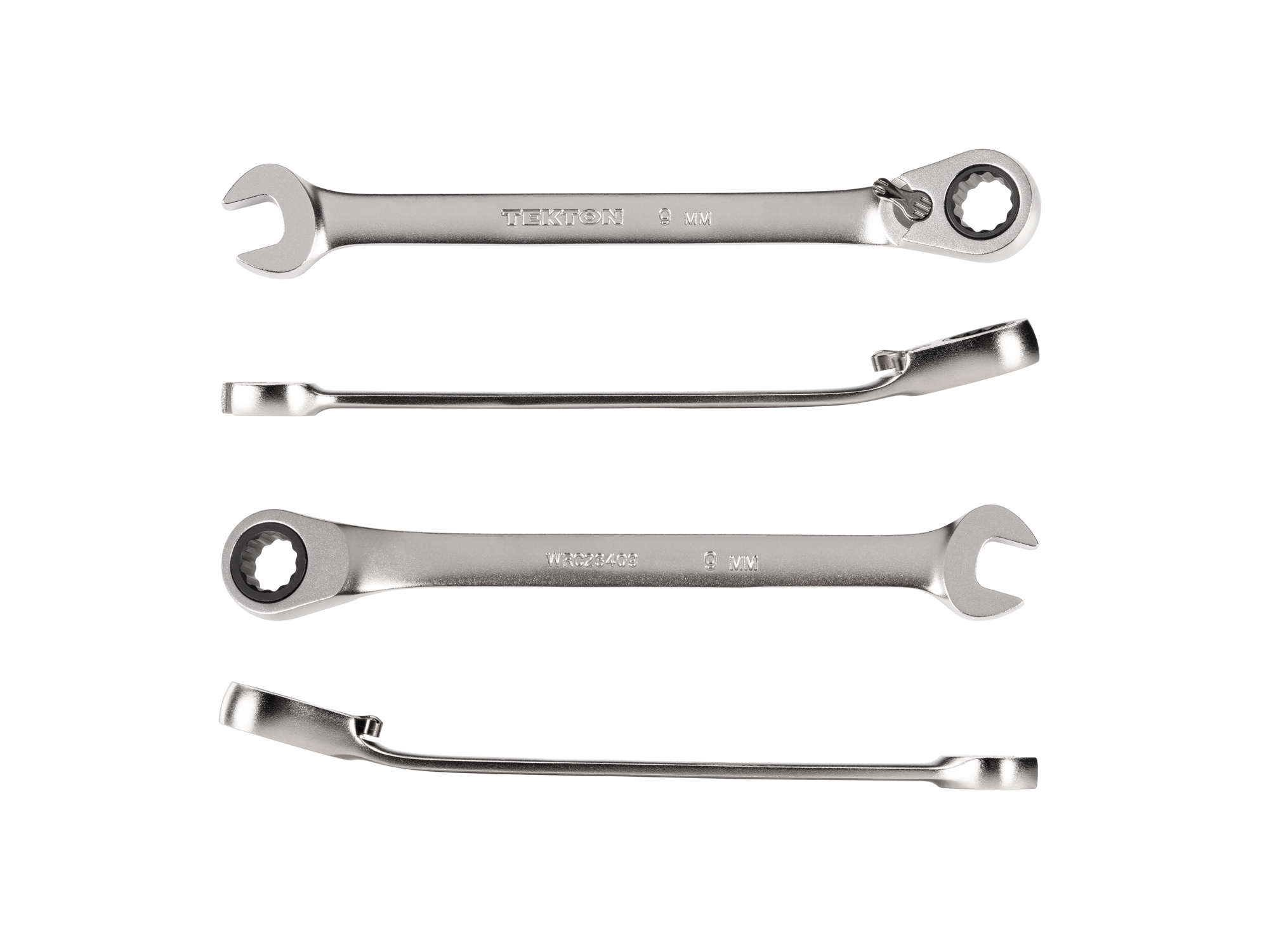 9 mm (metric) reversible 12-point ratcheting combination wrench includes 72-tooth gear and 15-degree angled open end to reduce swing in tight spaces. WRC23409.