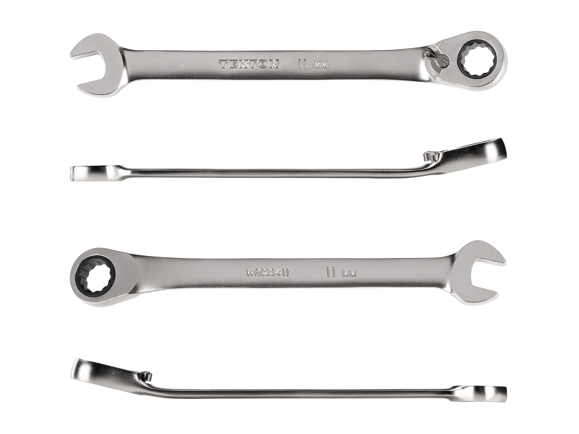 11 mm (metric) reversible 12-point ratcheting combination wrench includes 72-tooth gear and 15-degree angled open end to reduce swing in tight spaces. WRC23317.