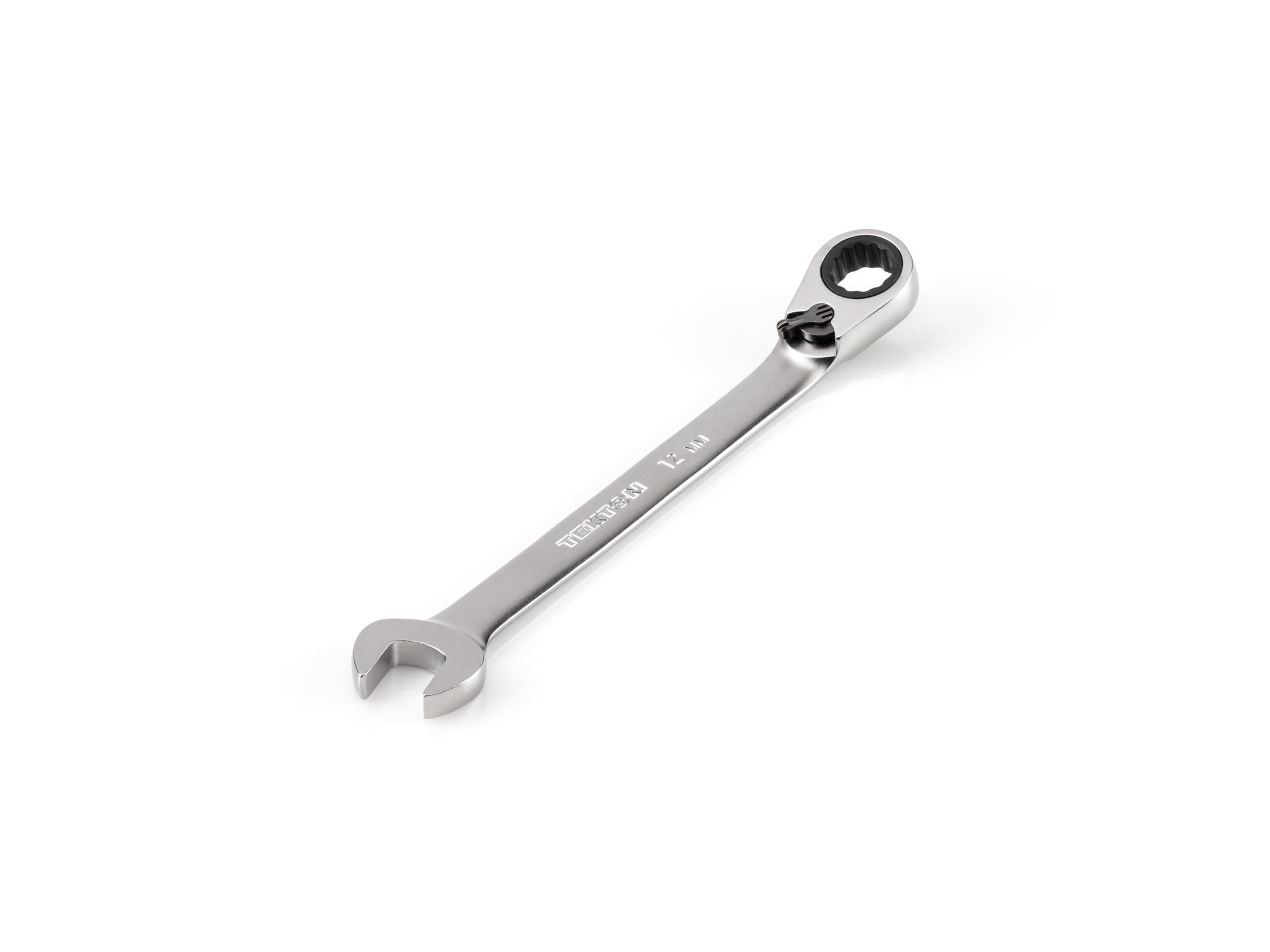 Front-right angle view of Tekton ratcheting combination wrench. Item #WRC23412